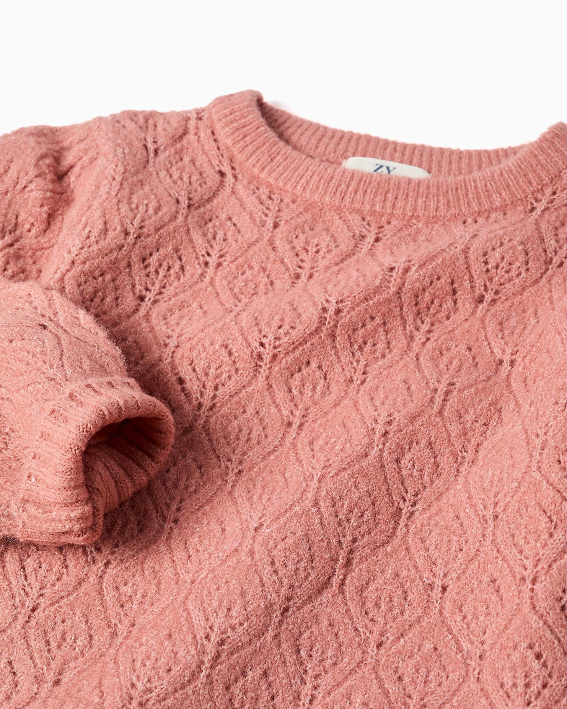 Jersey de niña de punto calado y con mangas abullonadas - Zippy - Rosa Rosa-2