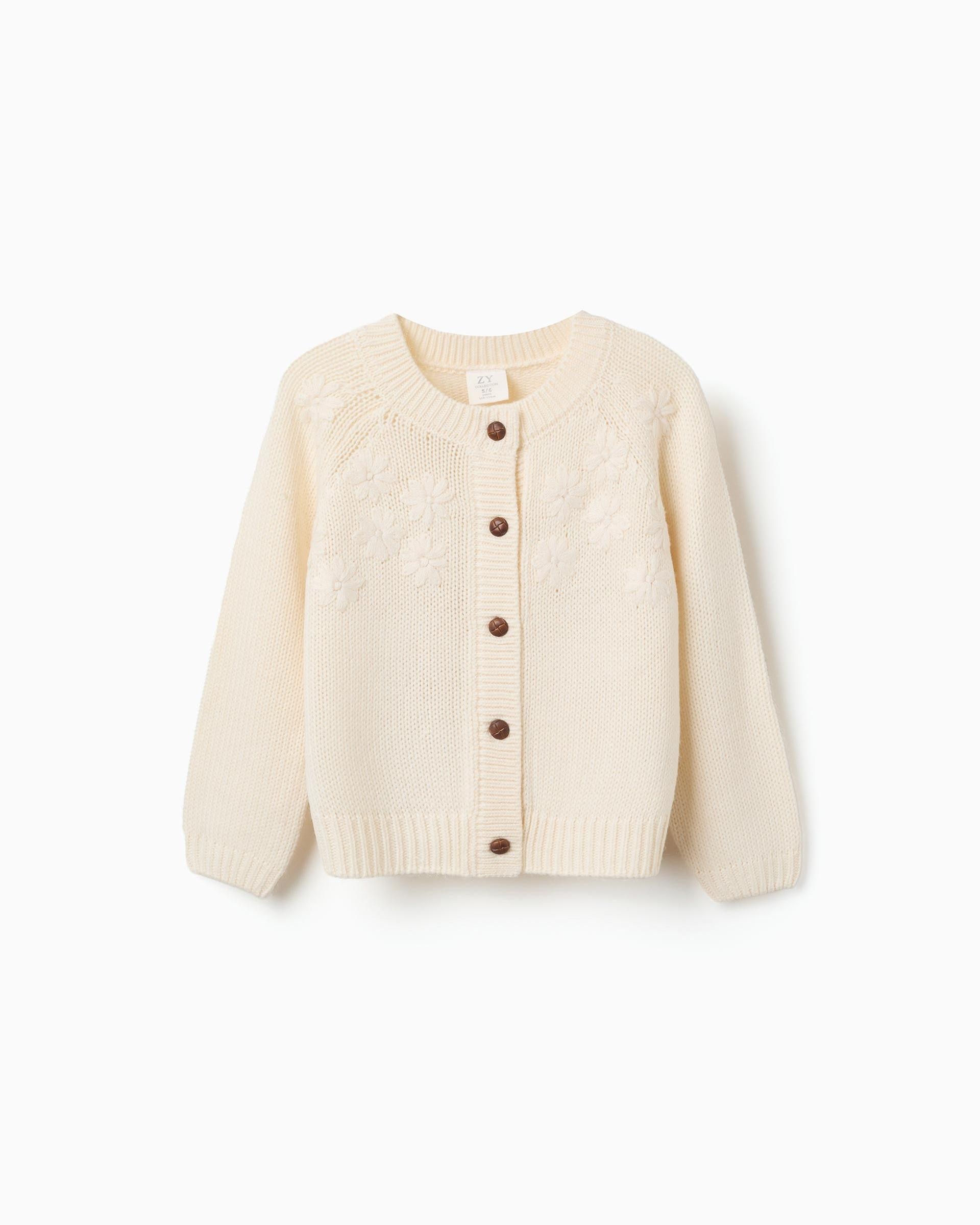 Chaqueta de niña de punto y con bordado floral - Zippy - Blanco Blanco-1