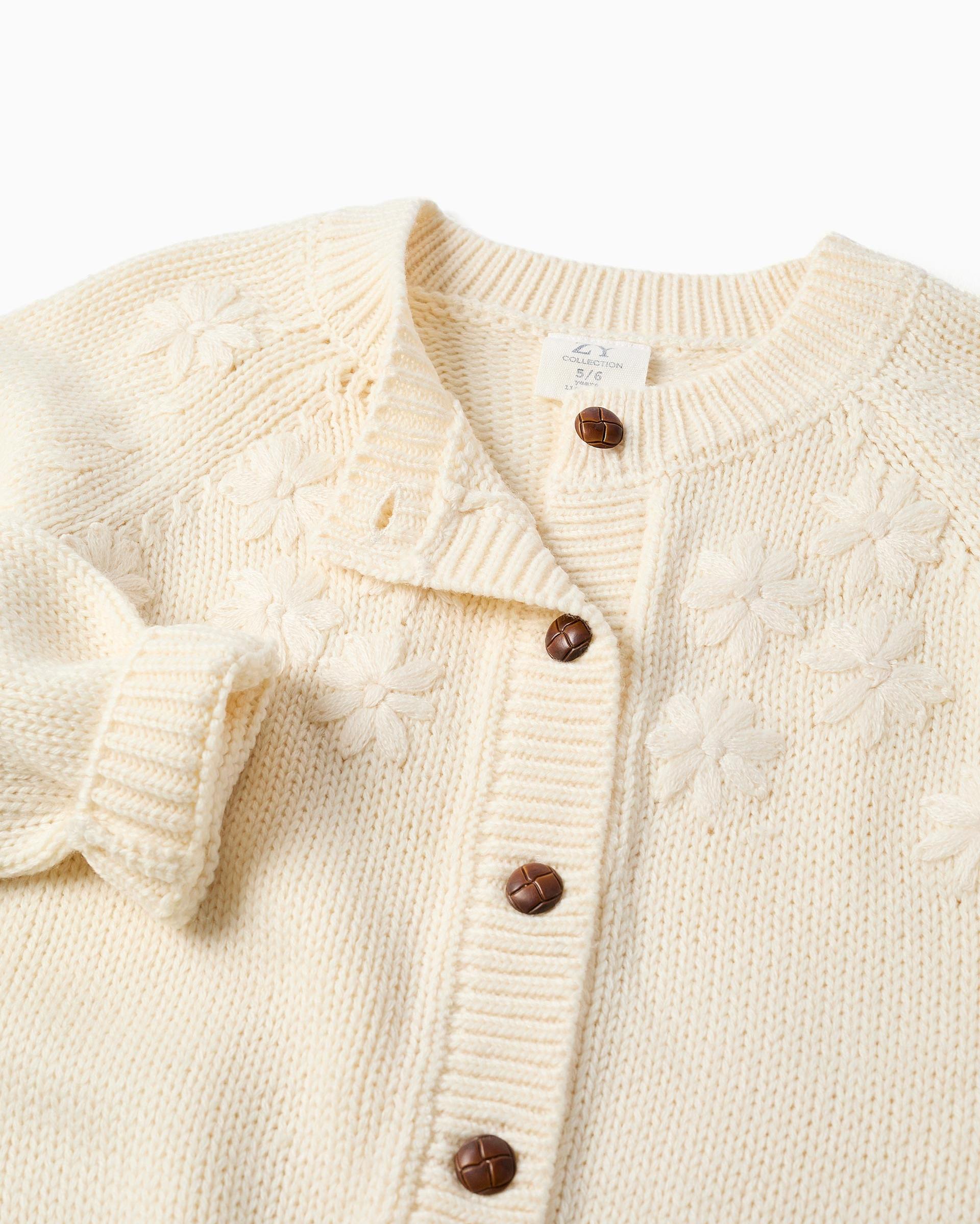 Chaqueta de niña de punto y con bordado floral - Zippy - Blanco Blanco-2