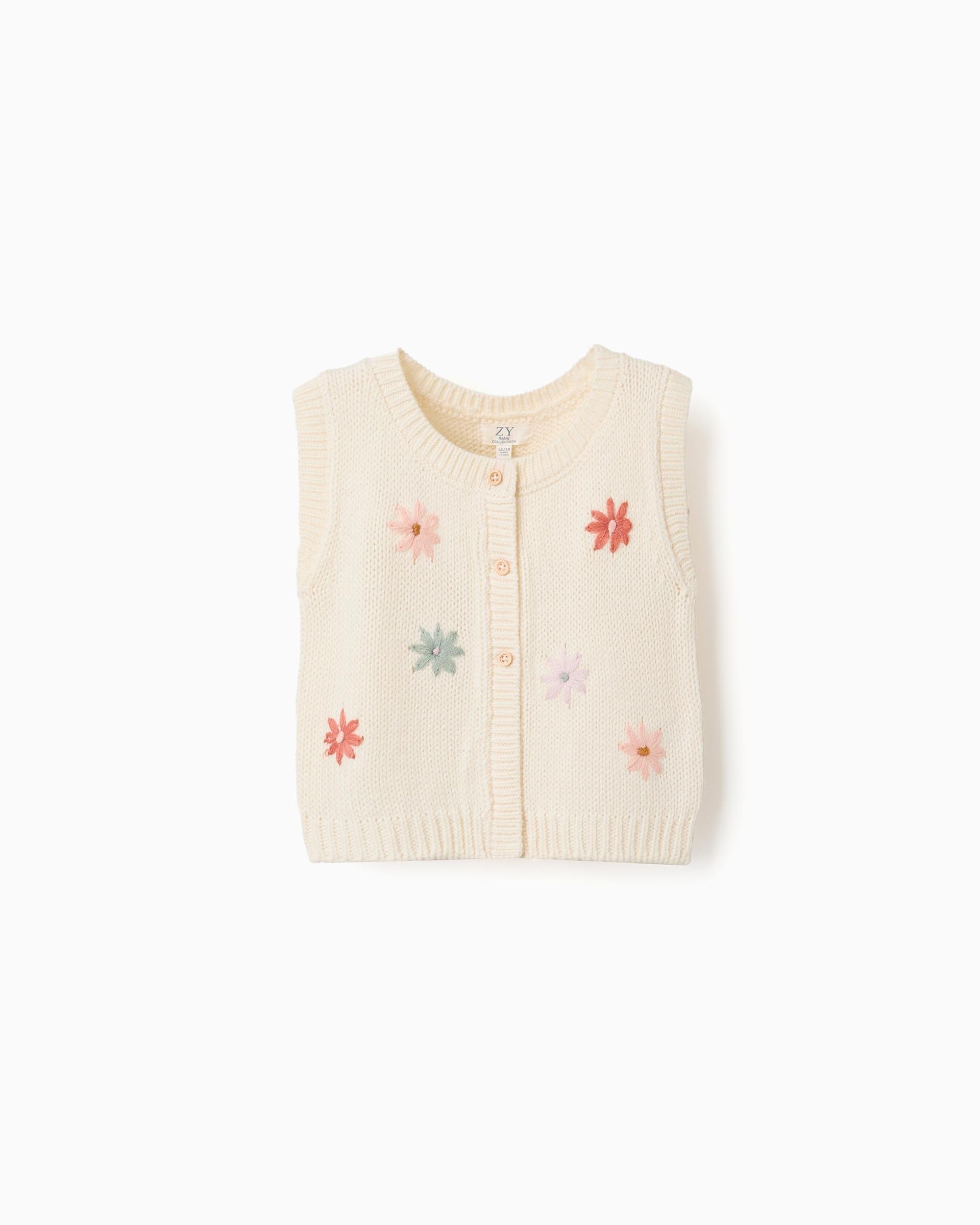 Imagen 0 de Chaleco de bebé niña de punto y con bordado floral Blanco