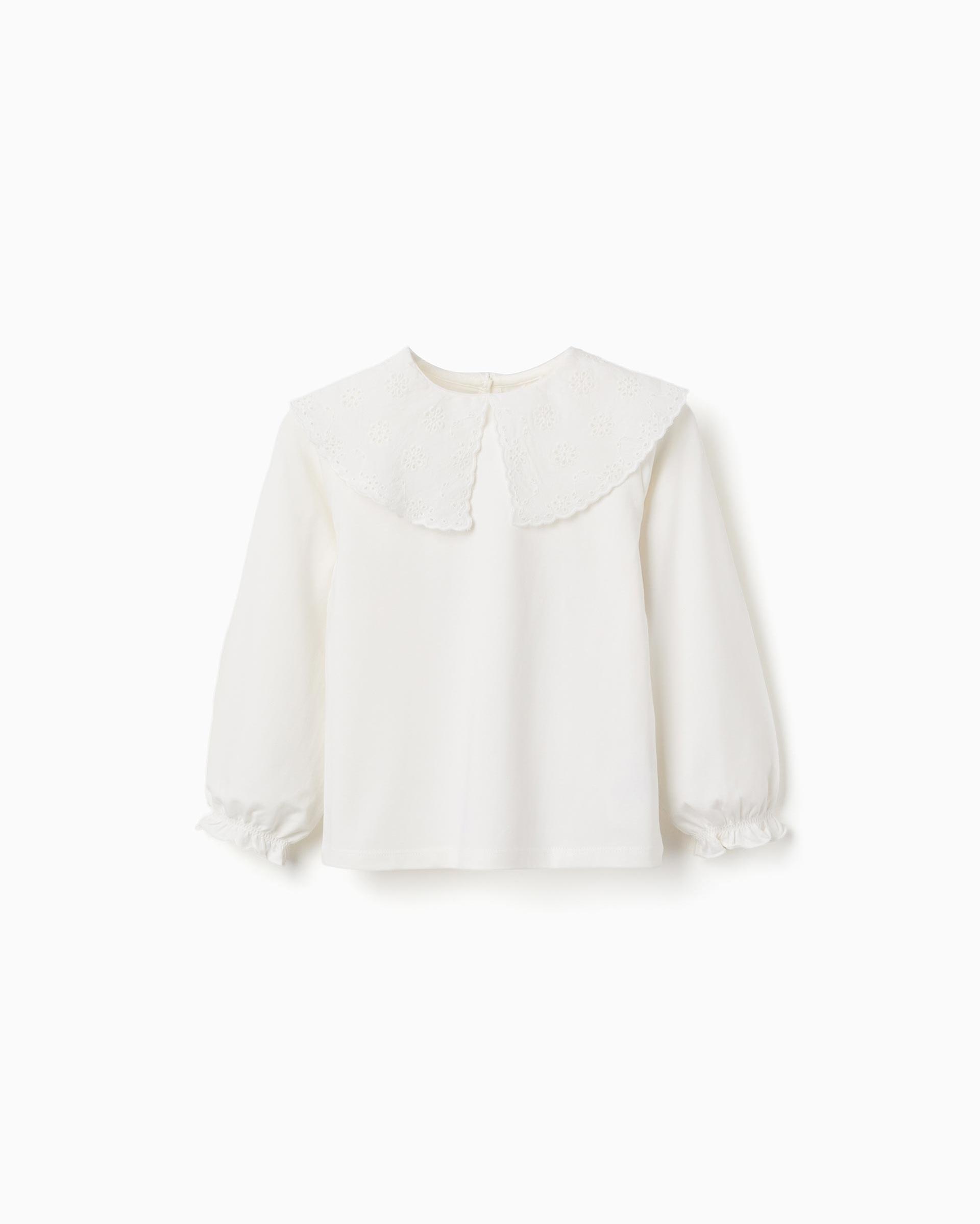 Camiseta de niña de algodón y con cuello con bordado inglés - Zippy - Blanco Blanco-1