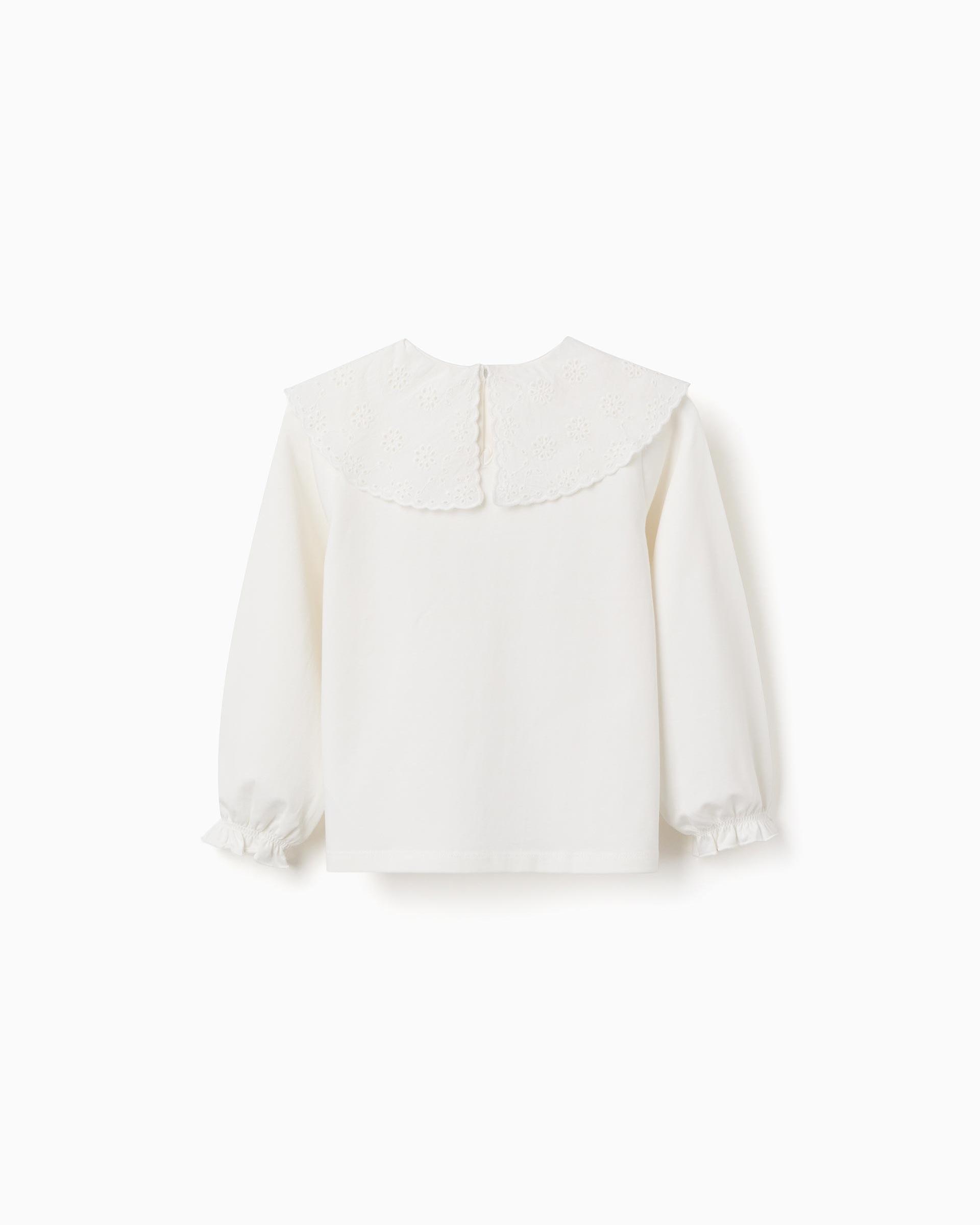 Camiseta de niña de algodón y con cuello con bordado inglés - Zippy - Blanco Blanco-3