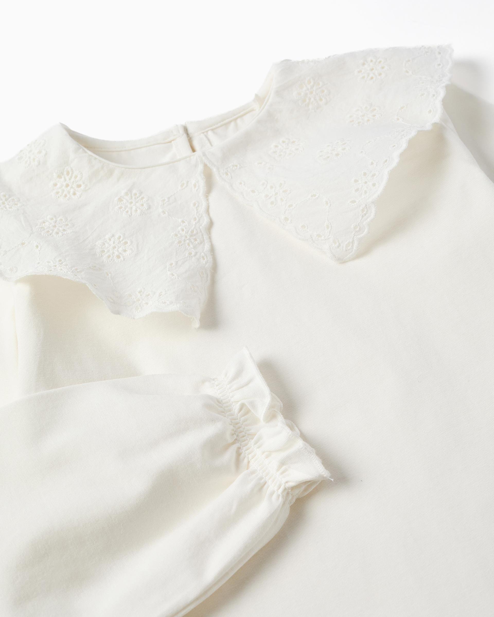 Camiseta de niña de algodón y con cuello con bordado inglés - Zippy - Blanco Blanco-2