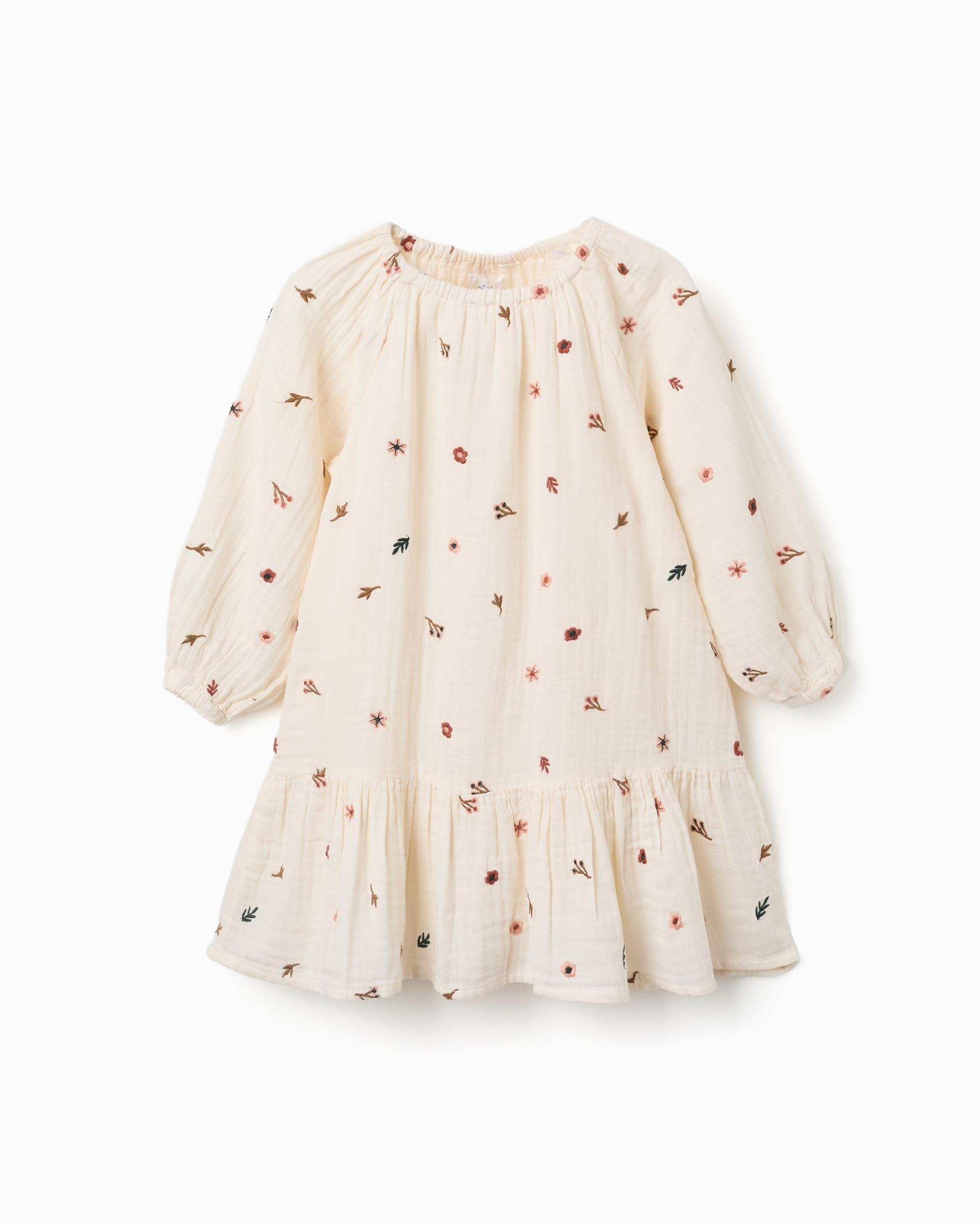 Imagen 0 de Vestido de niña 100% algodón y con bordado floral Blanco
