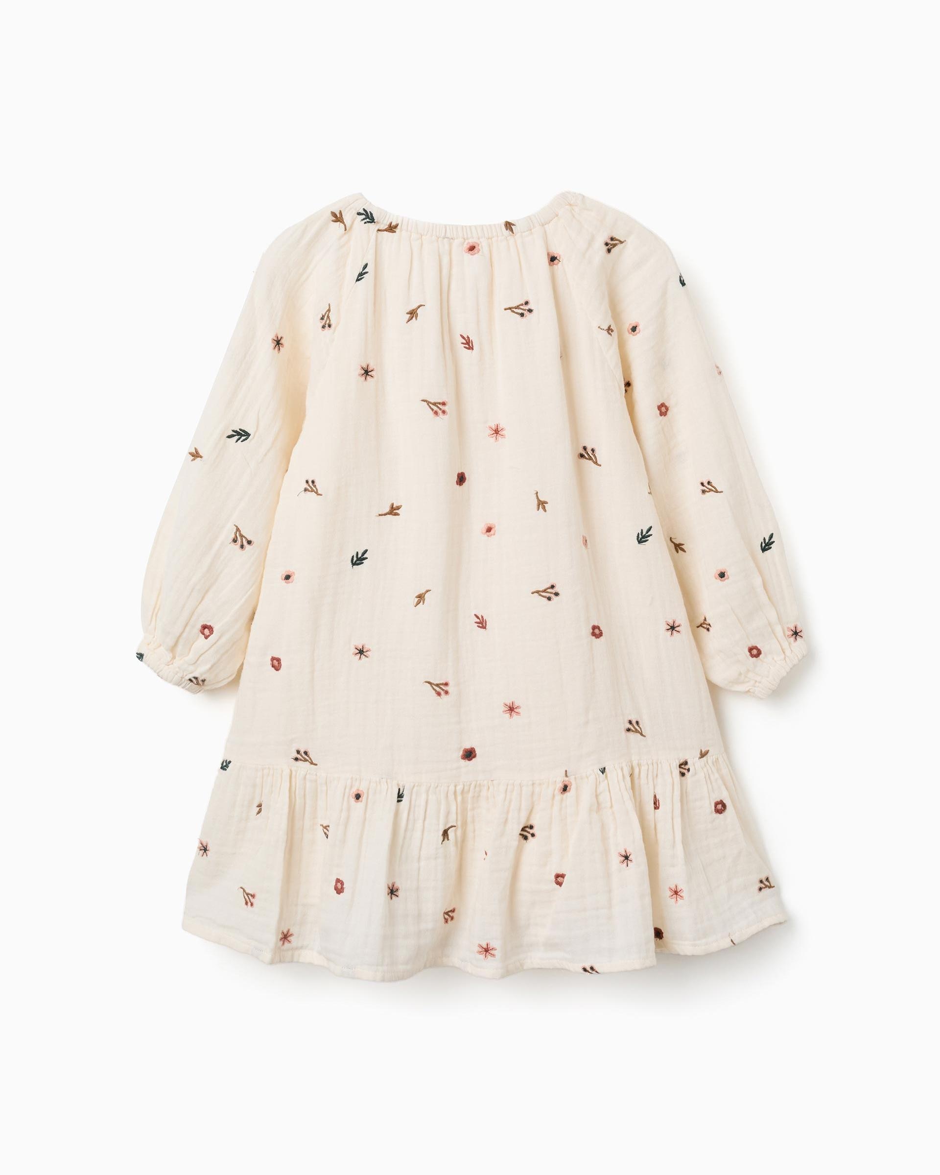 Vestido de niña 100% algodón y con bordado floral - Zippy - Blanco Blanco-3