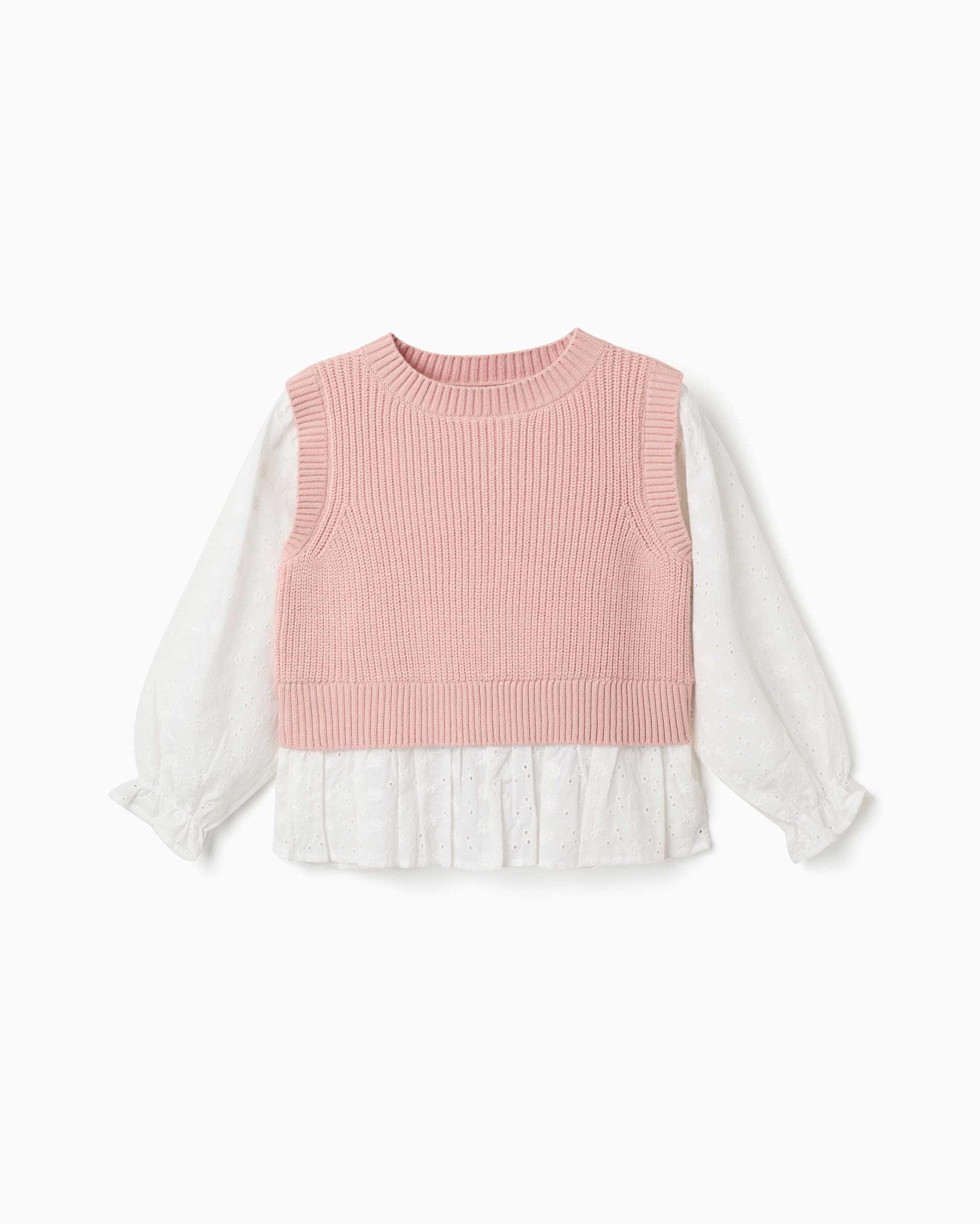 Jersey de niña de punto y con bordado inglés - Zippy - Rosa Rosa-3