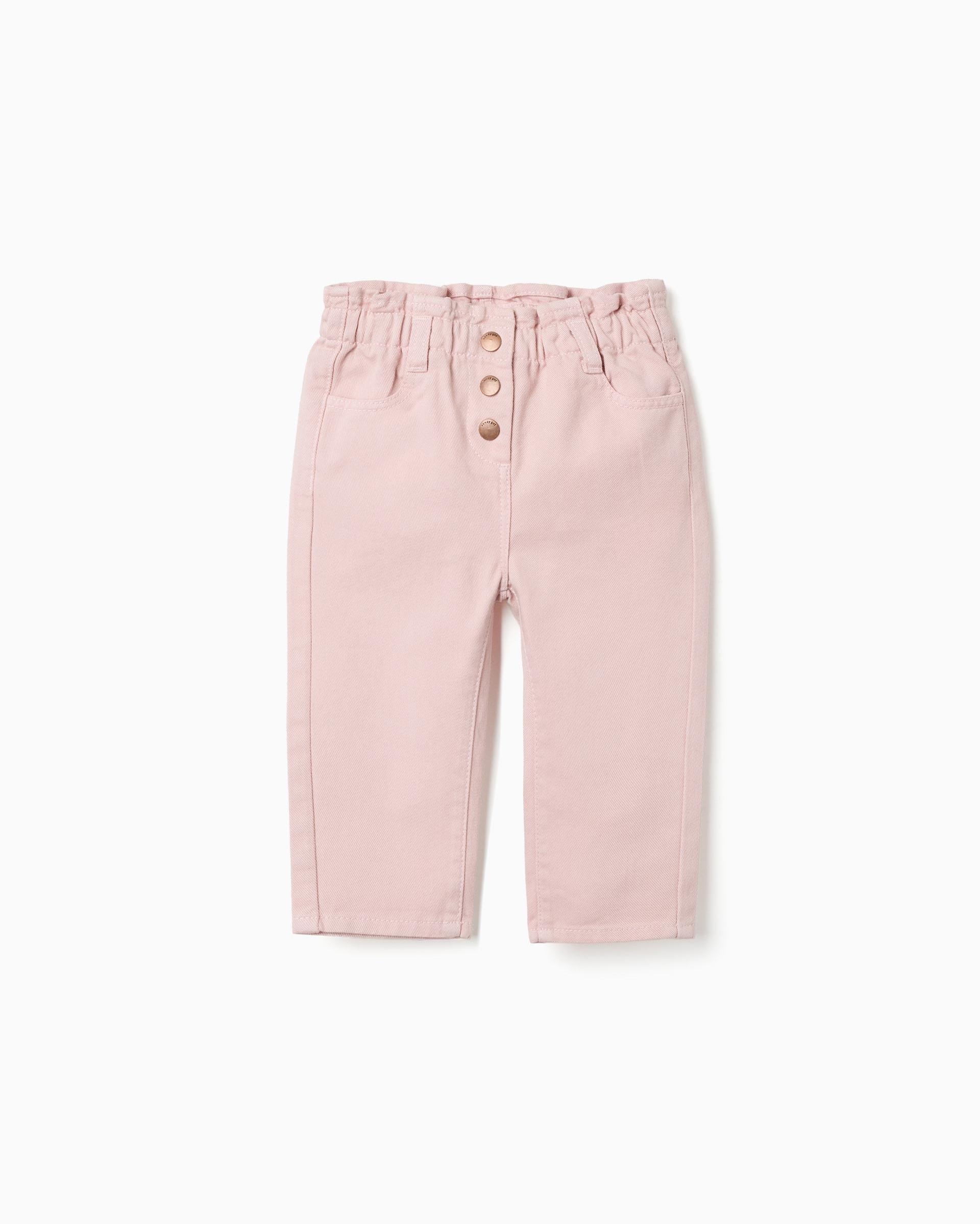 Pantalón de bebé niña de sarga y con cintura elástica paperbag - Zippy - Rosa Rosa-1
