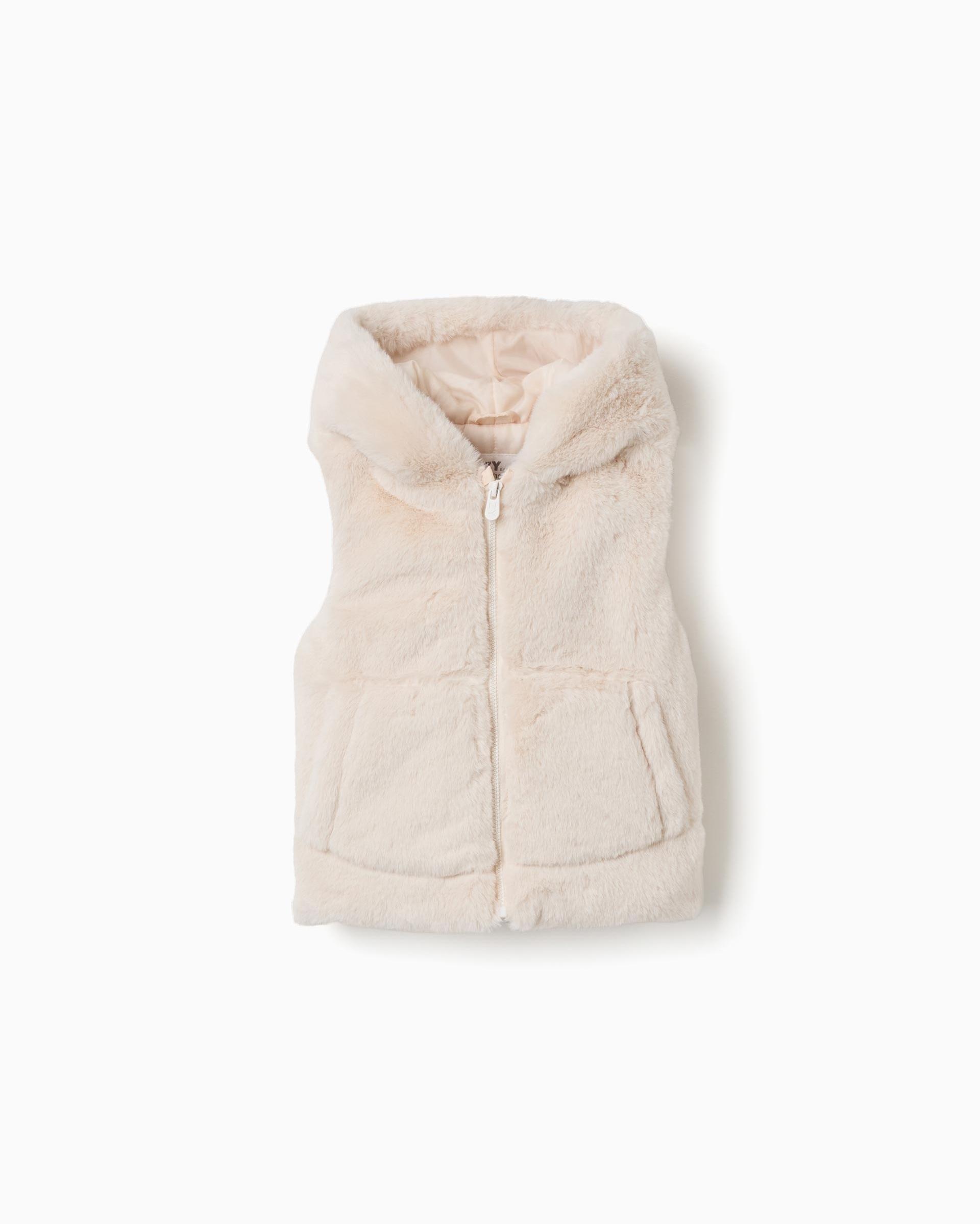 Imagen 1 de Chaleco de bebé niña con capucha y de pelo Beige
