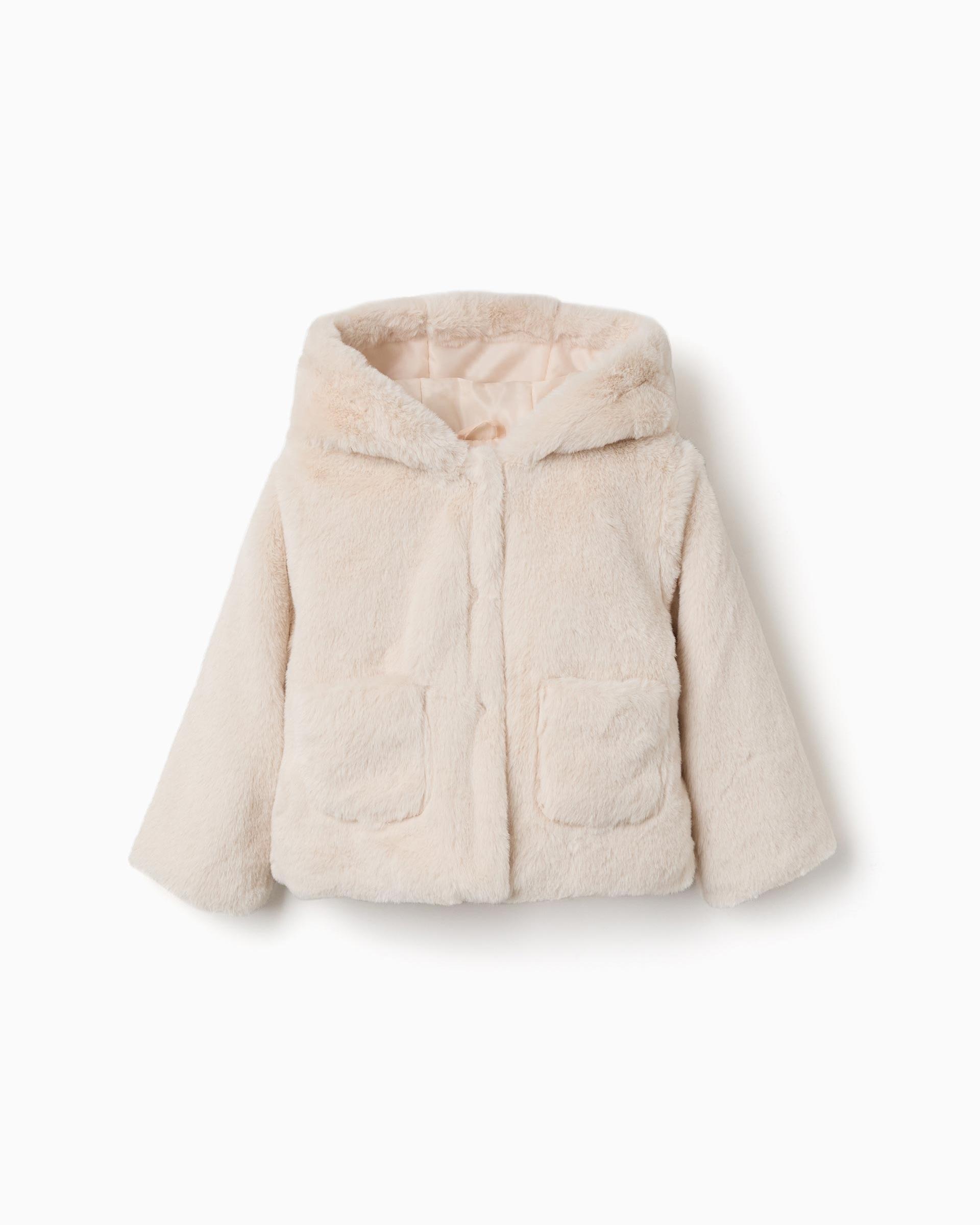 Imagen 1 de Abrigo de pelo de bebé niña con capucha Beige