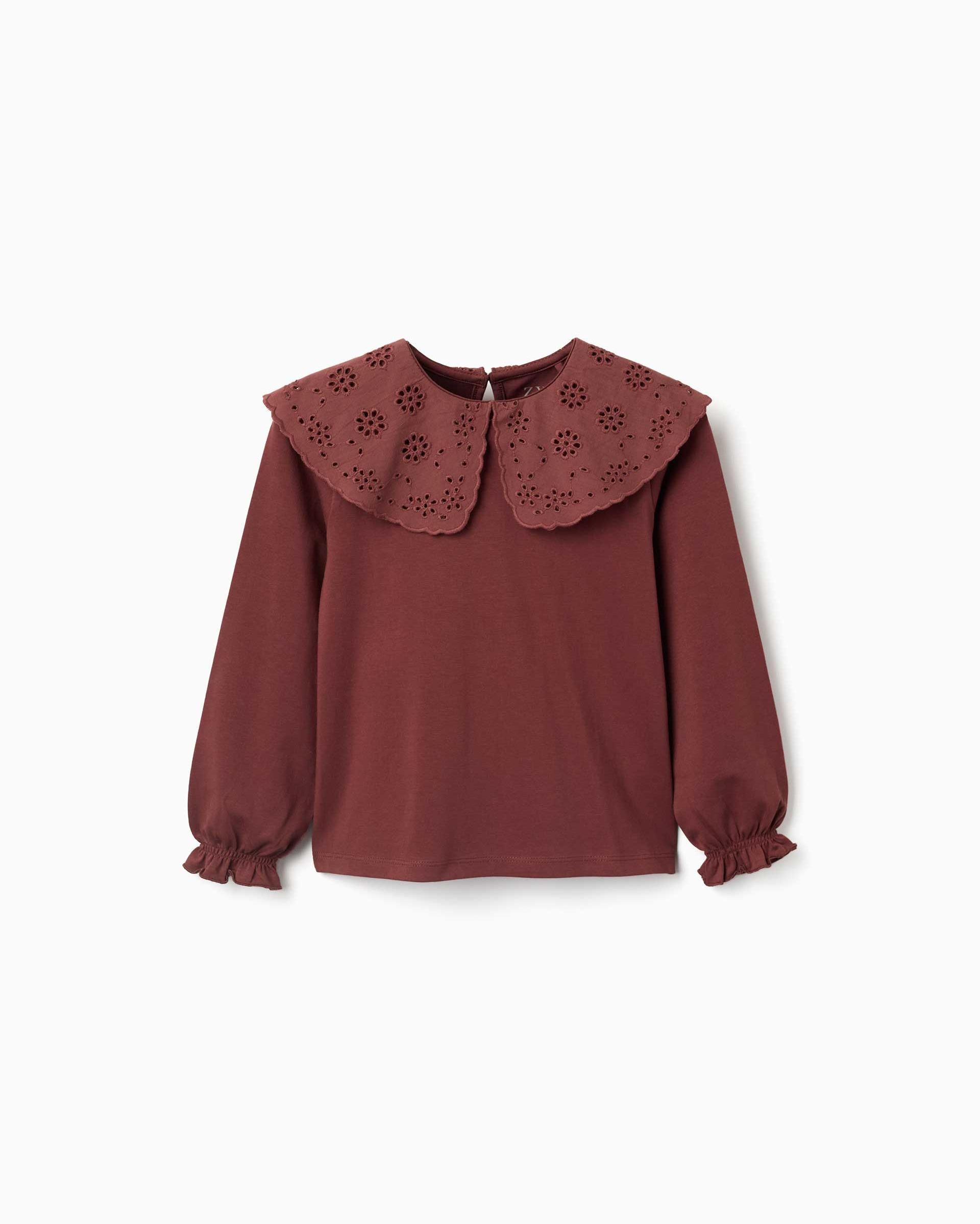 Camiseta de niña de algodón y con cuello con bordado inglés - Zippy - Marrón Marrón-1