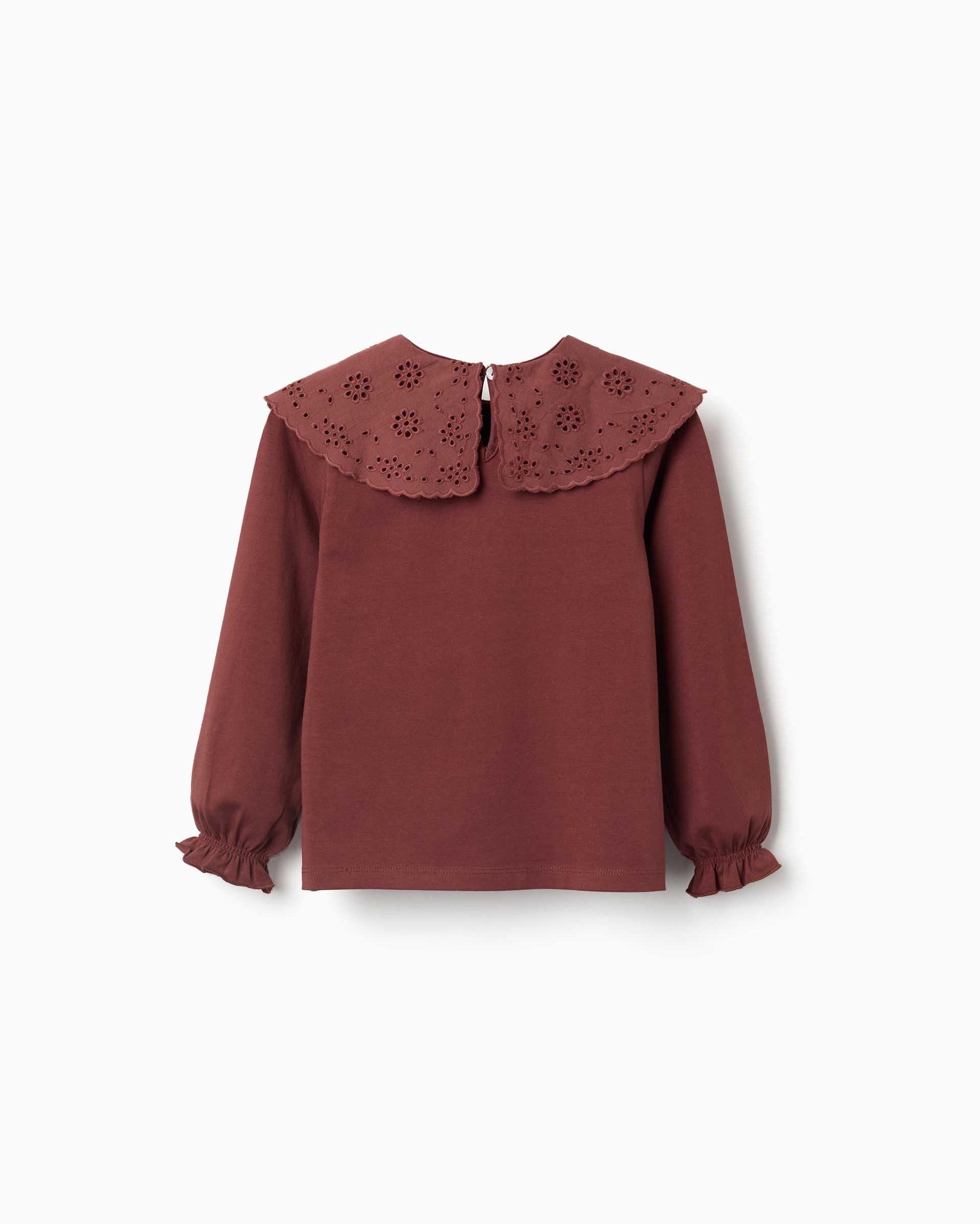 Camiseta de niña de algodón y con cuello con bordado inglés - Zippy - Marrón Marrón-3