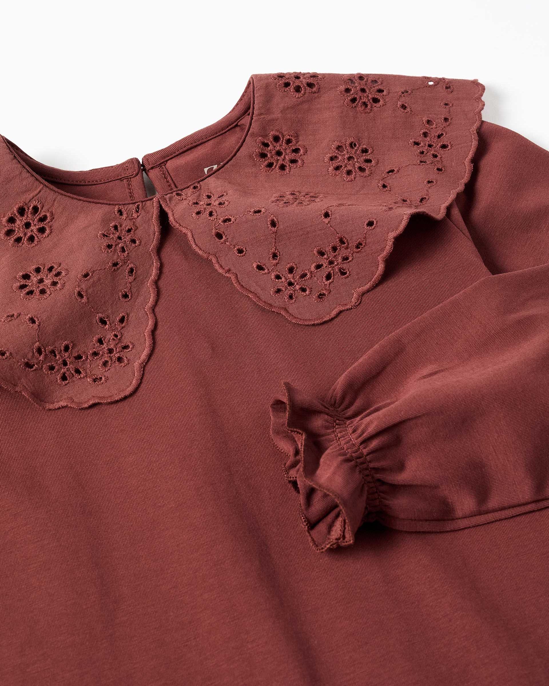 Camiseta de niña de algodón y con cuello con bordado inglés - Zippy - Marrón Marrón-2