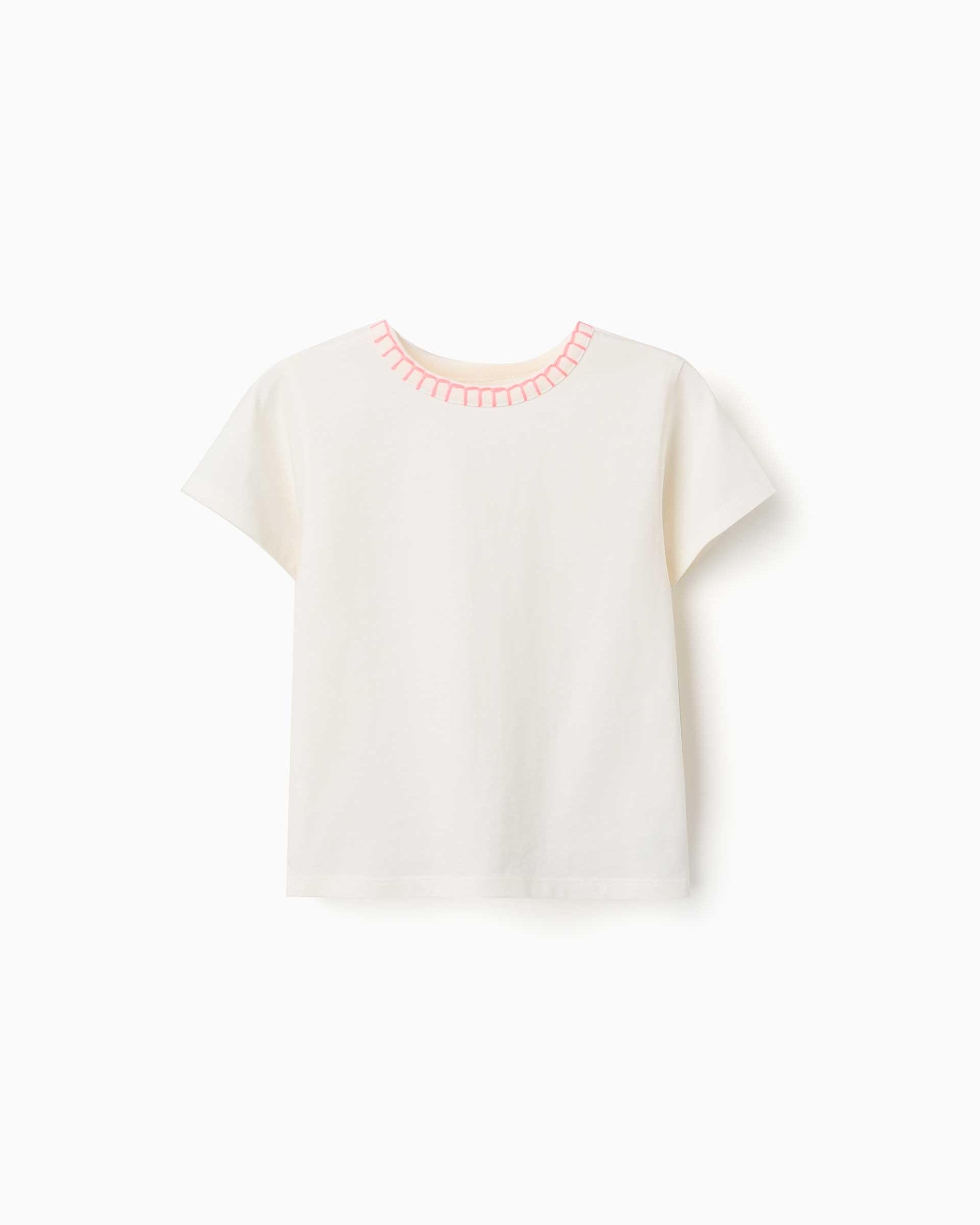 Camiseta de niña 100% algodón y con cuello bordado - Zippy - Beige Beige-1
