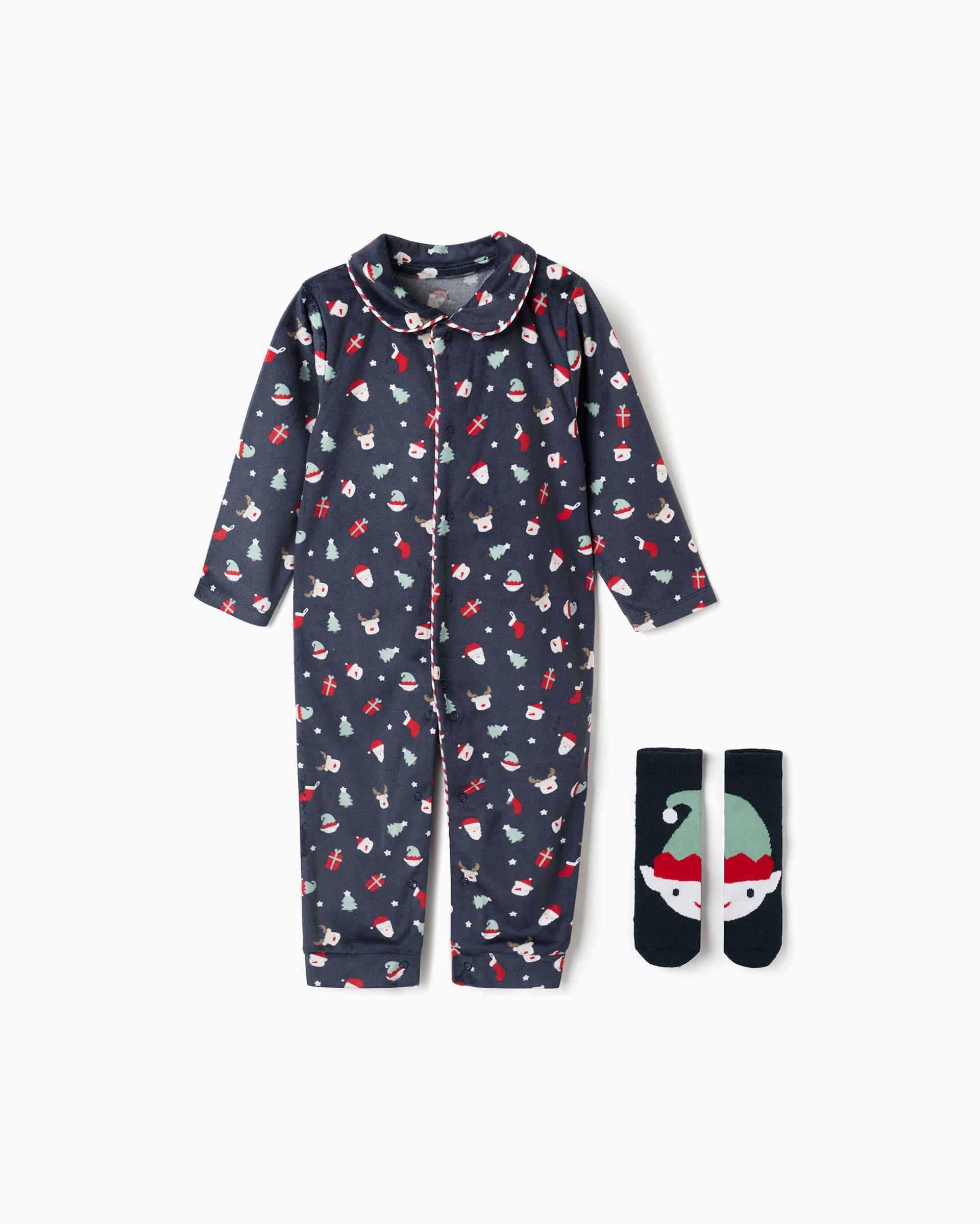 Imagen 1 de Pijama pelele de bebé niño de terciopelo y con motivo navideño Azul marino