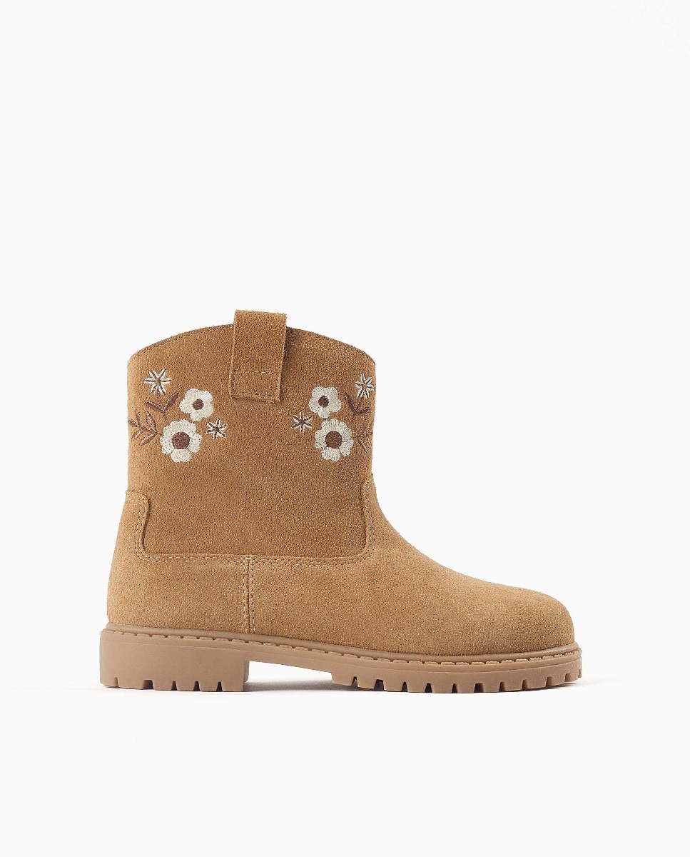 Imagen 0 de Botines de niña de ante y con flores bordadas Marrón