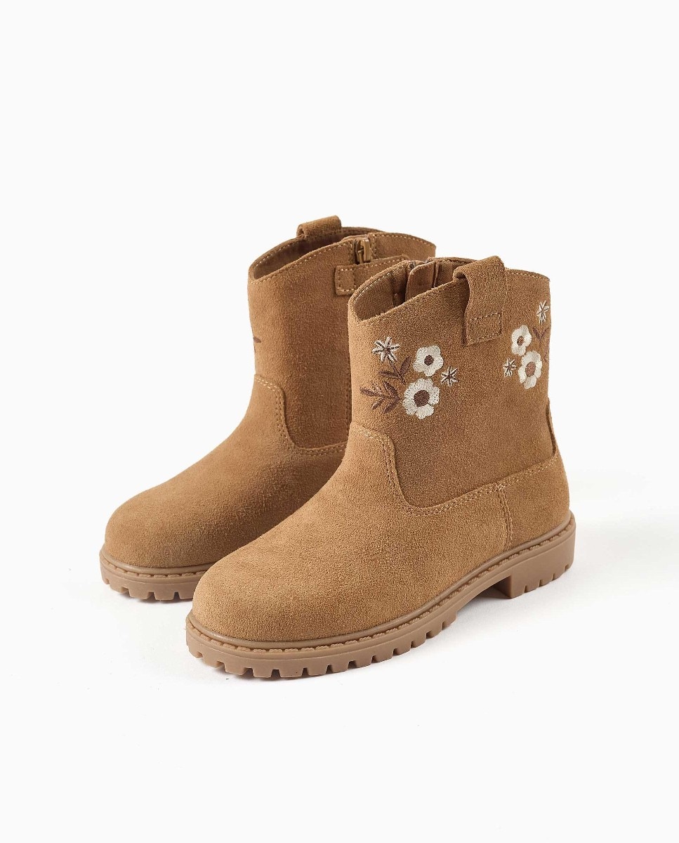 Botines de niña de ante y con flores bordadas - Zippy - Marrón Marrón-2