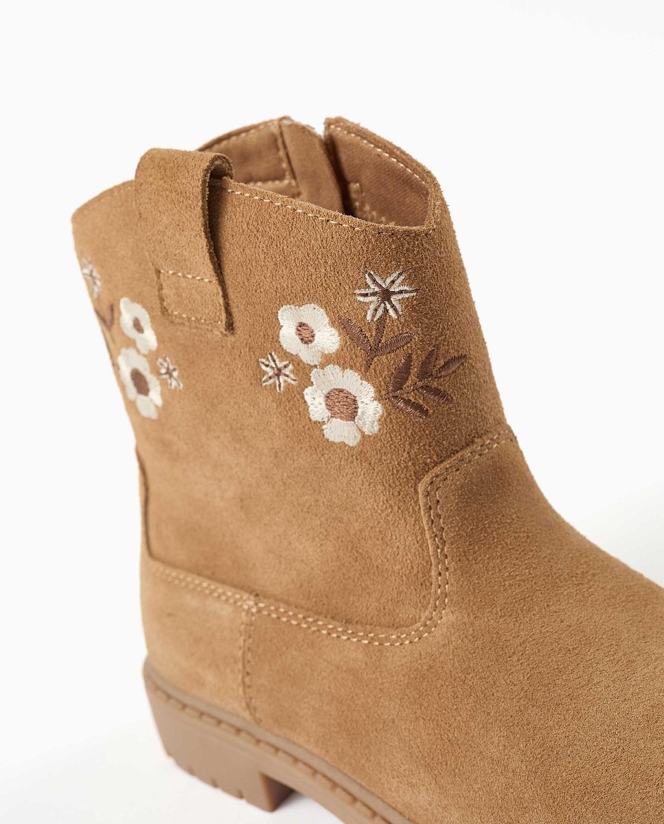 Botines de niña de ante y con flores bordadas - Zippy - Marrón Marrón-4