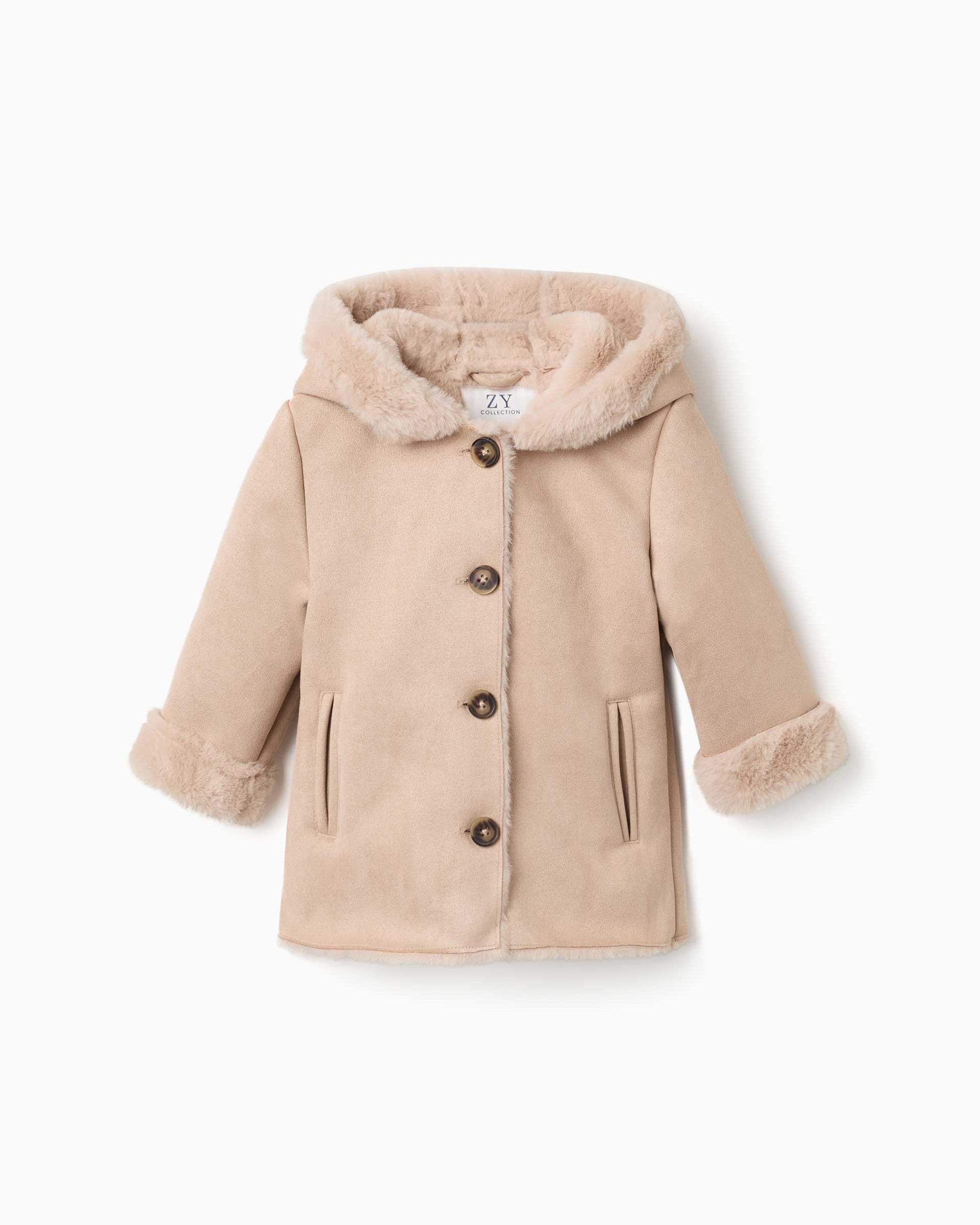 Imagen 1 de Abrigo de pelo de bebé niña de antelina con capucha Beige