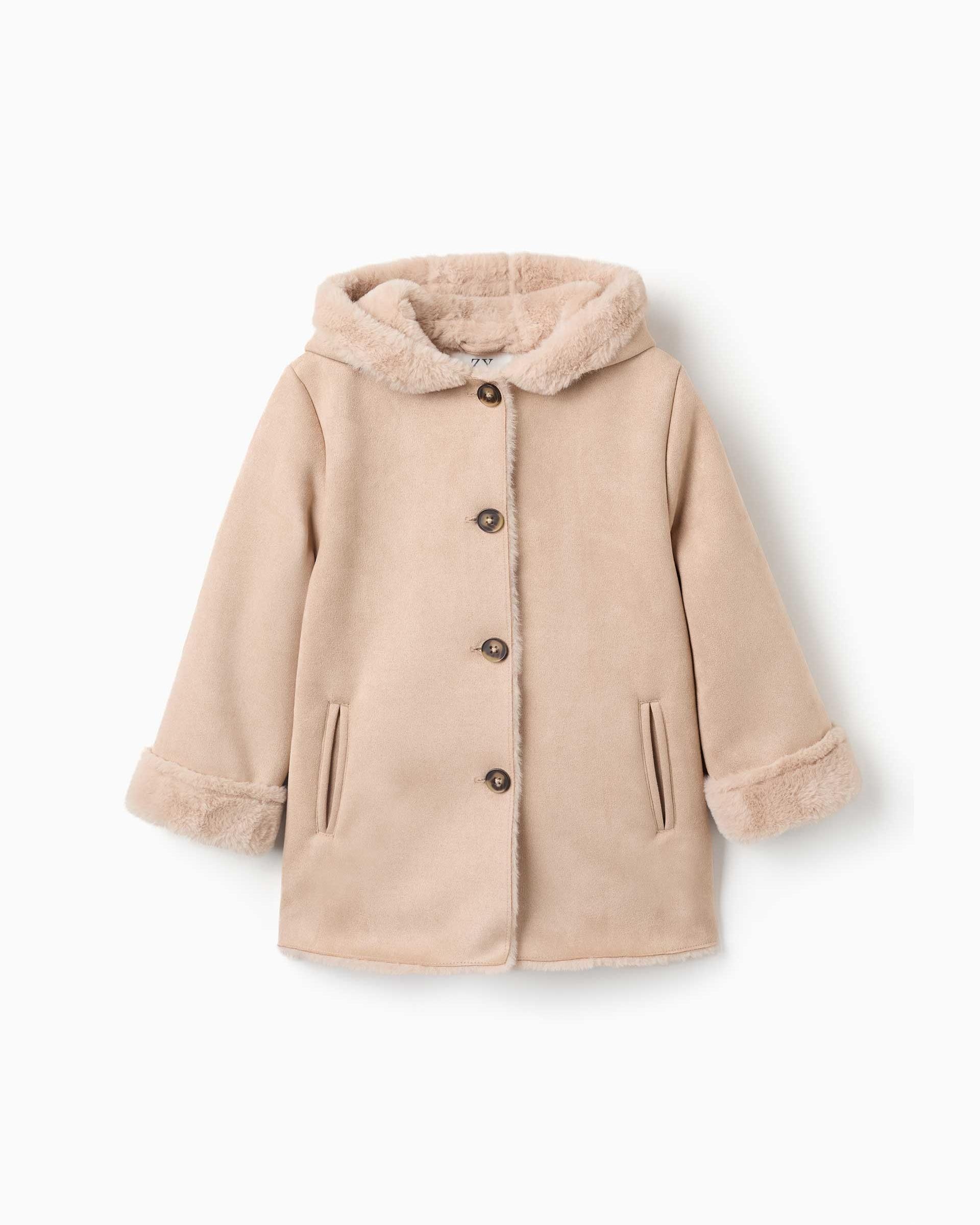 Imagen 1 de Abrigo de pelo de niña de antelina con capucha Beige
