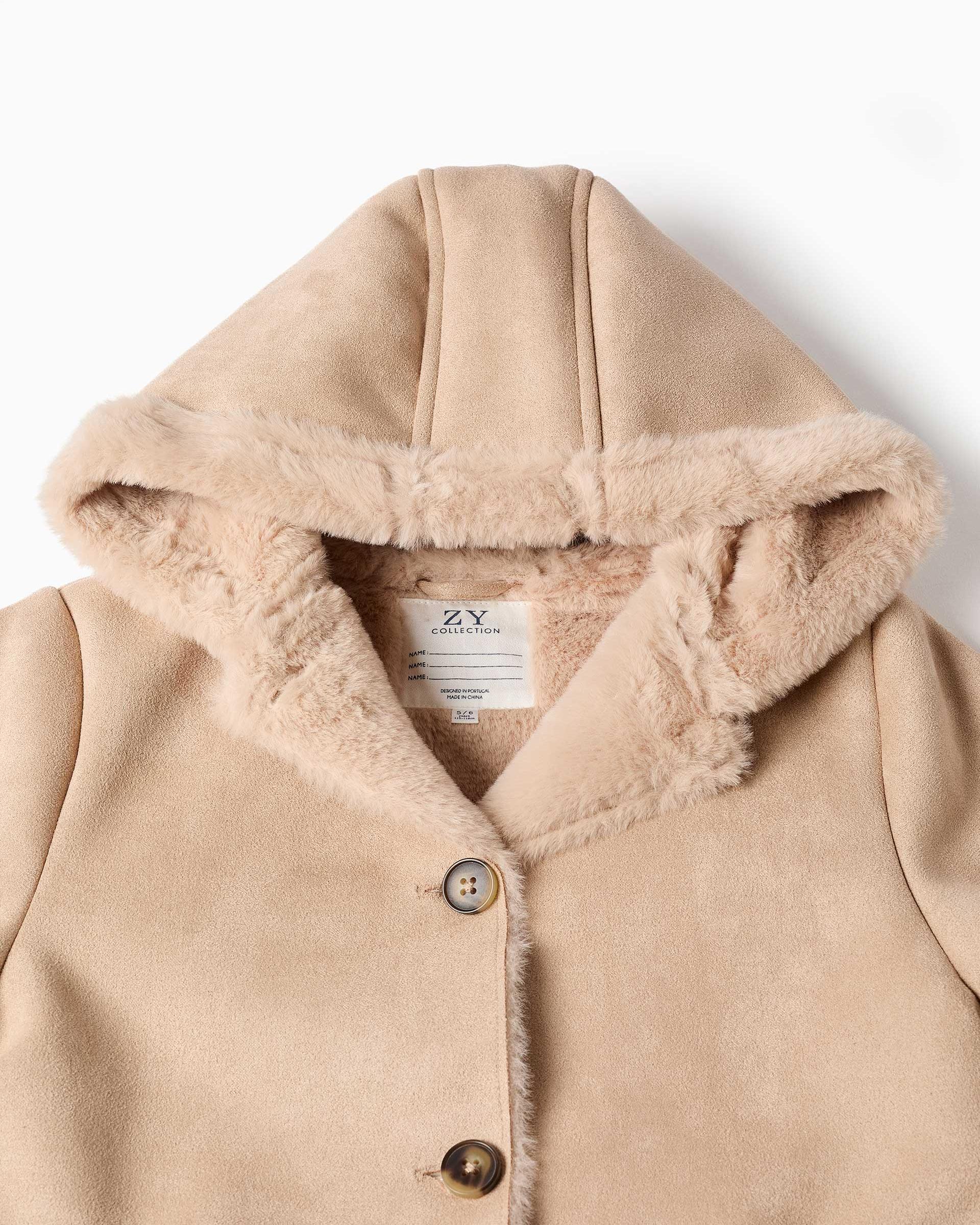 Imagen 2 de Abrigo de pelo de niña de antelina con capucha - Zippy - Beige Beige