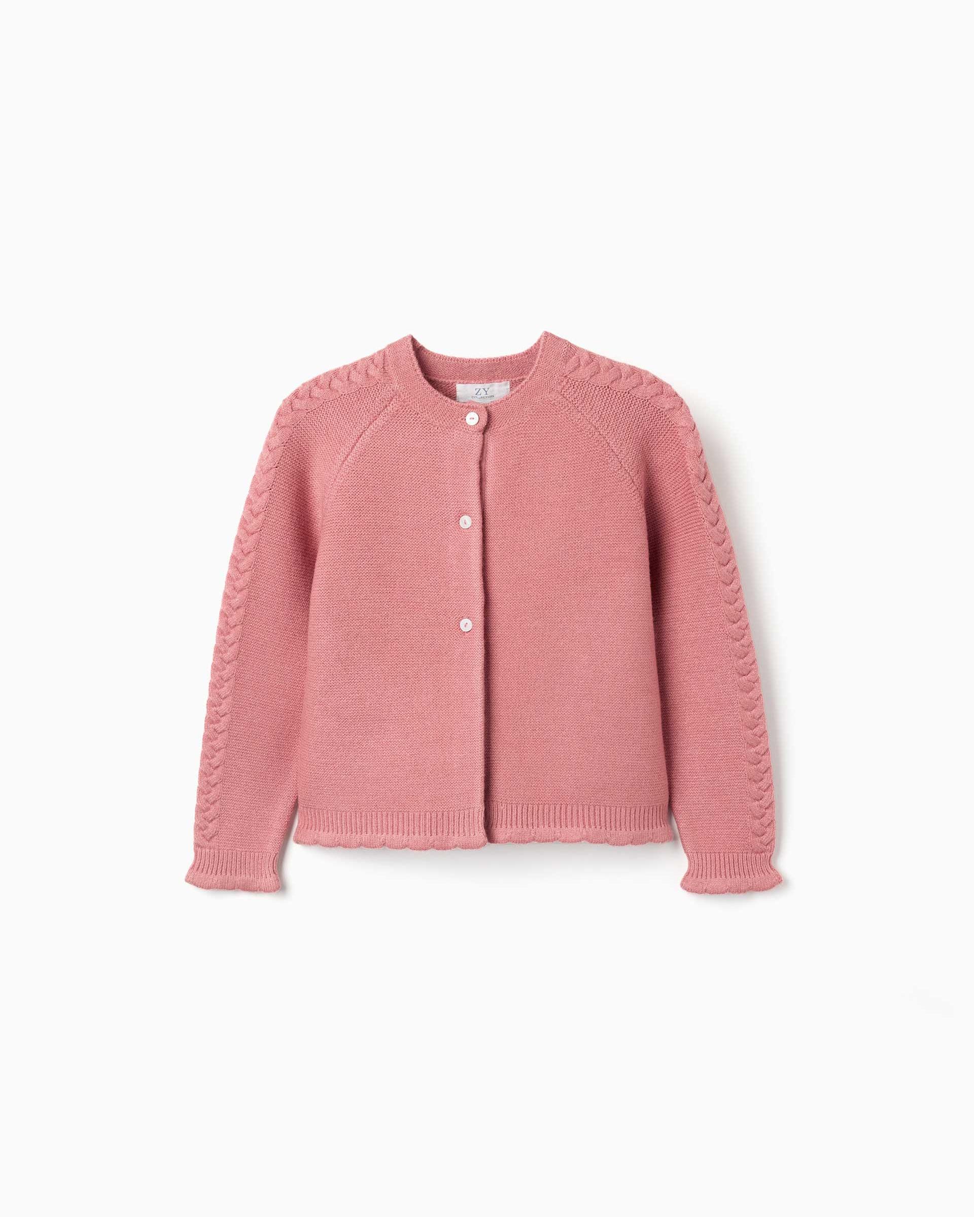 Chaqueta de niña de punto y con detalles trenzados - Zippy - Rosa Rosa-1