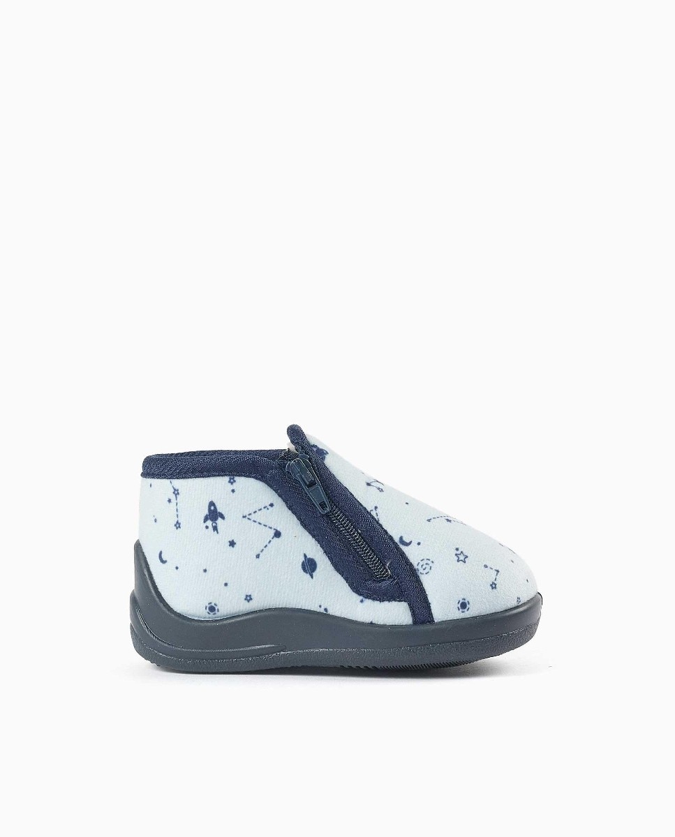 Zapatillas de casa cerradas de bebé niño de terciopelo y con motivo espacial - Zippy - Azul claro Azul claro-1
