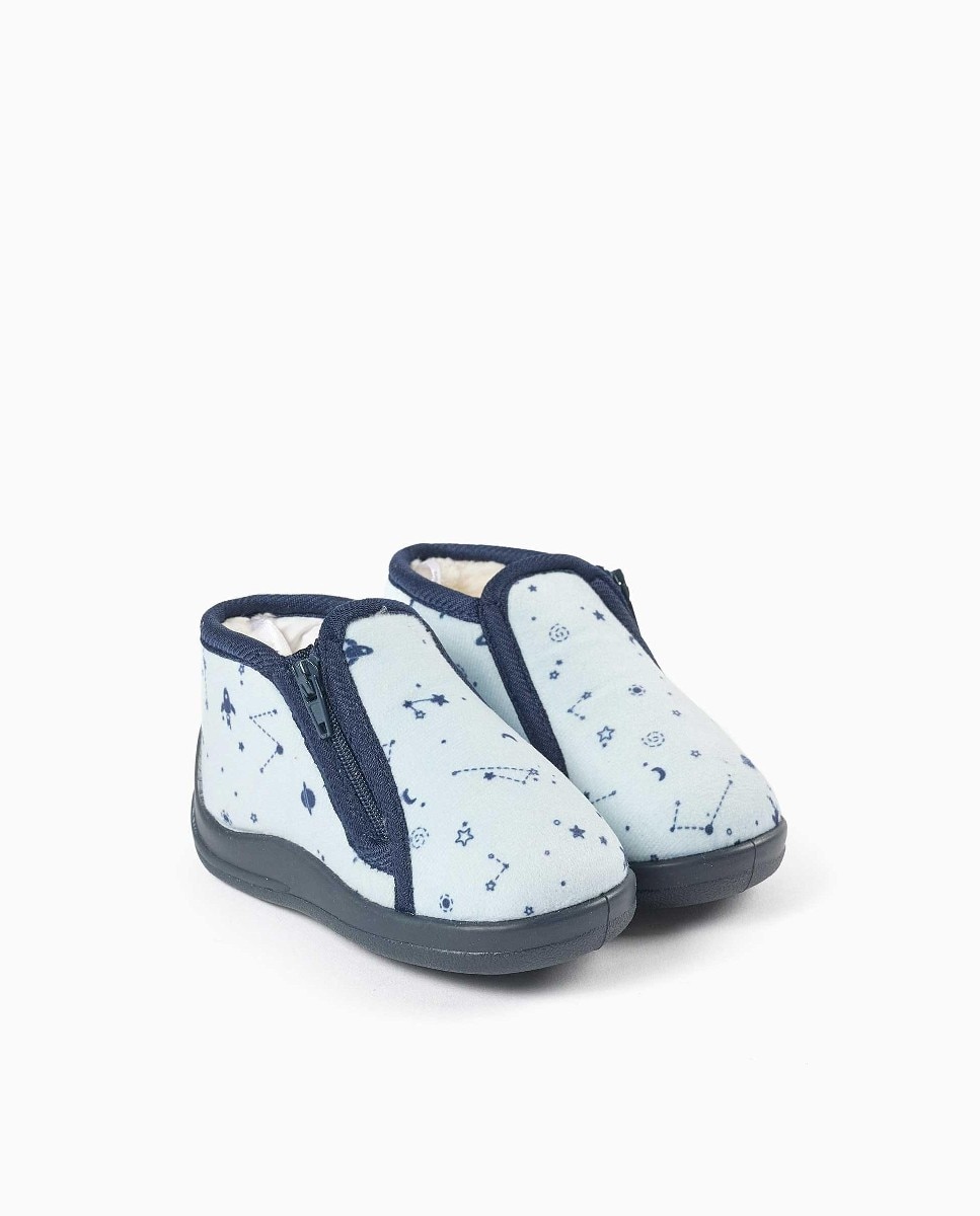 Zapatillas de casa cerradas de bebé niño de terciopelo y con motivo espacial - Zippy - Azul claro Azul claro-2
