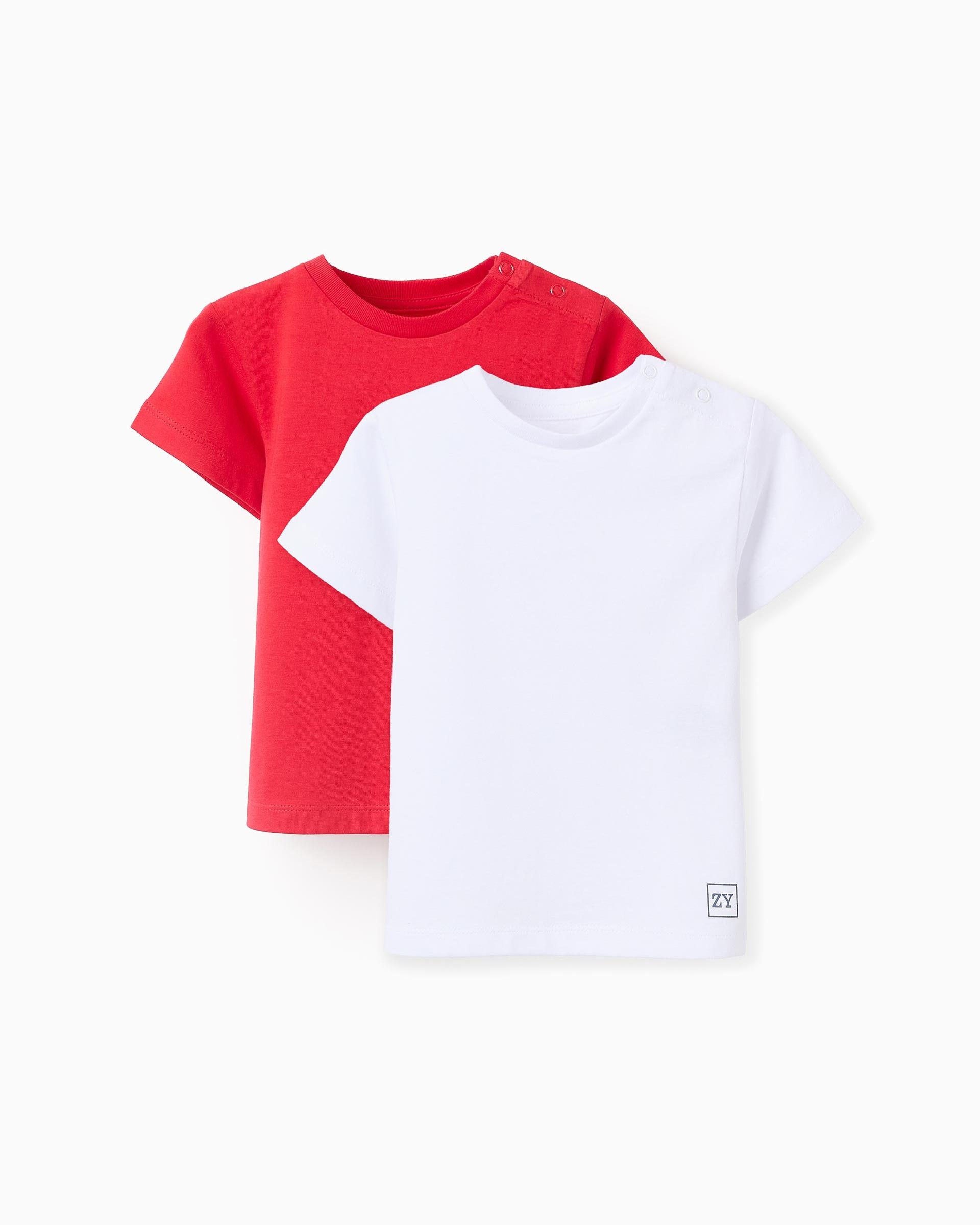 Pack de 2 camisetas de bebé niño 100% algodón liso - Zippy - Blanco / Rojo Blanco / Rojo-1