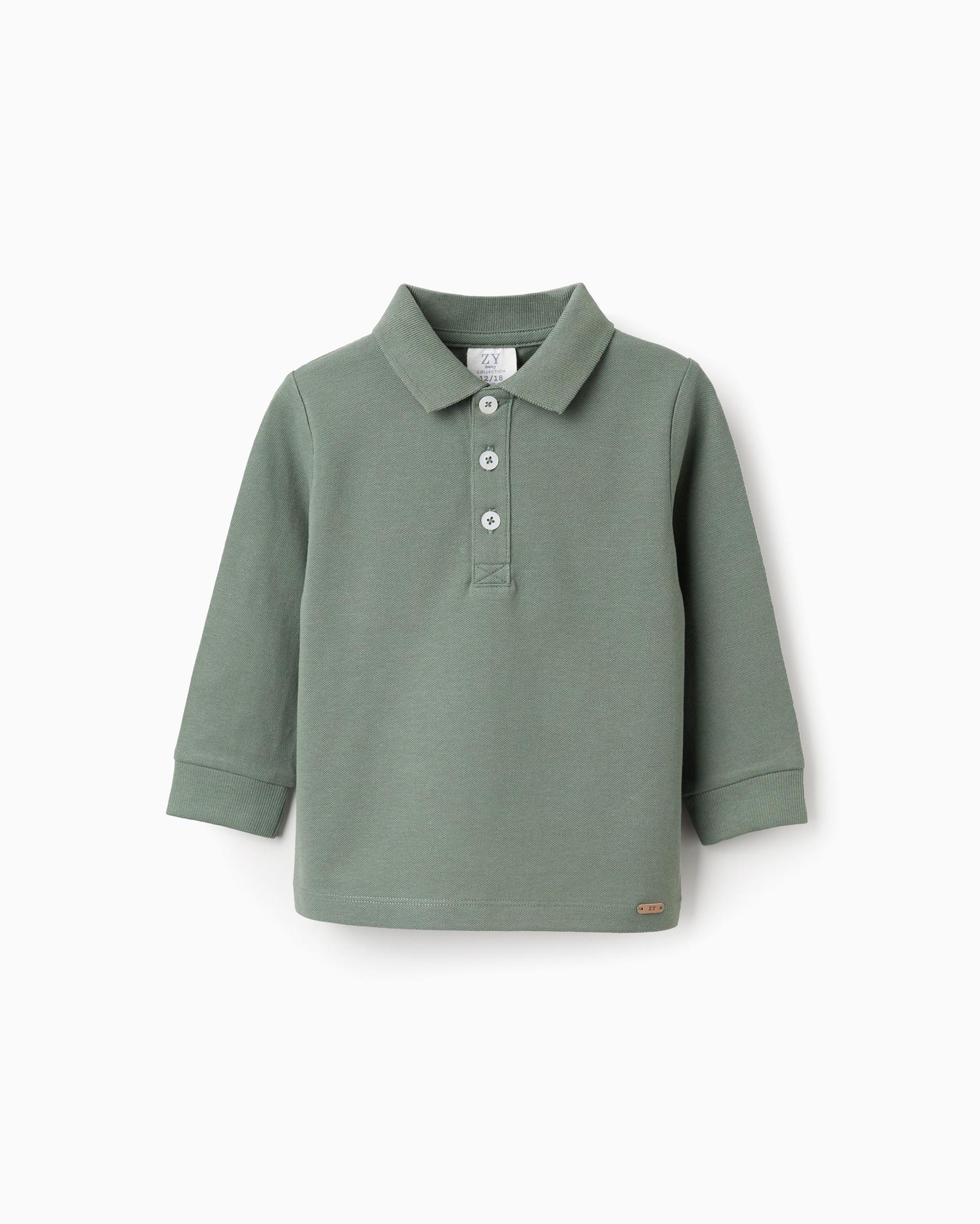 Polo de bebé niño 100% algodón puños de canalé - Zippy - Verde oscuro Verde oscuro-1