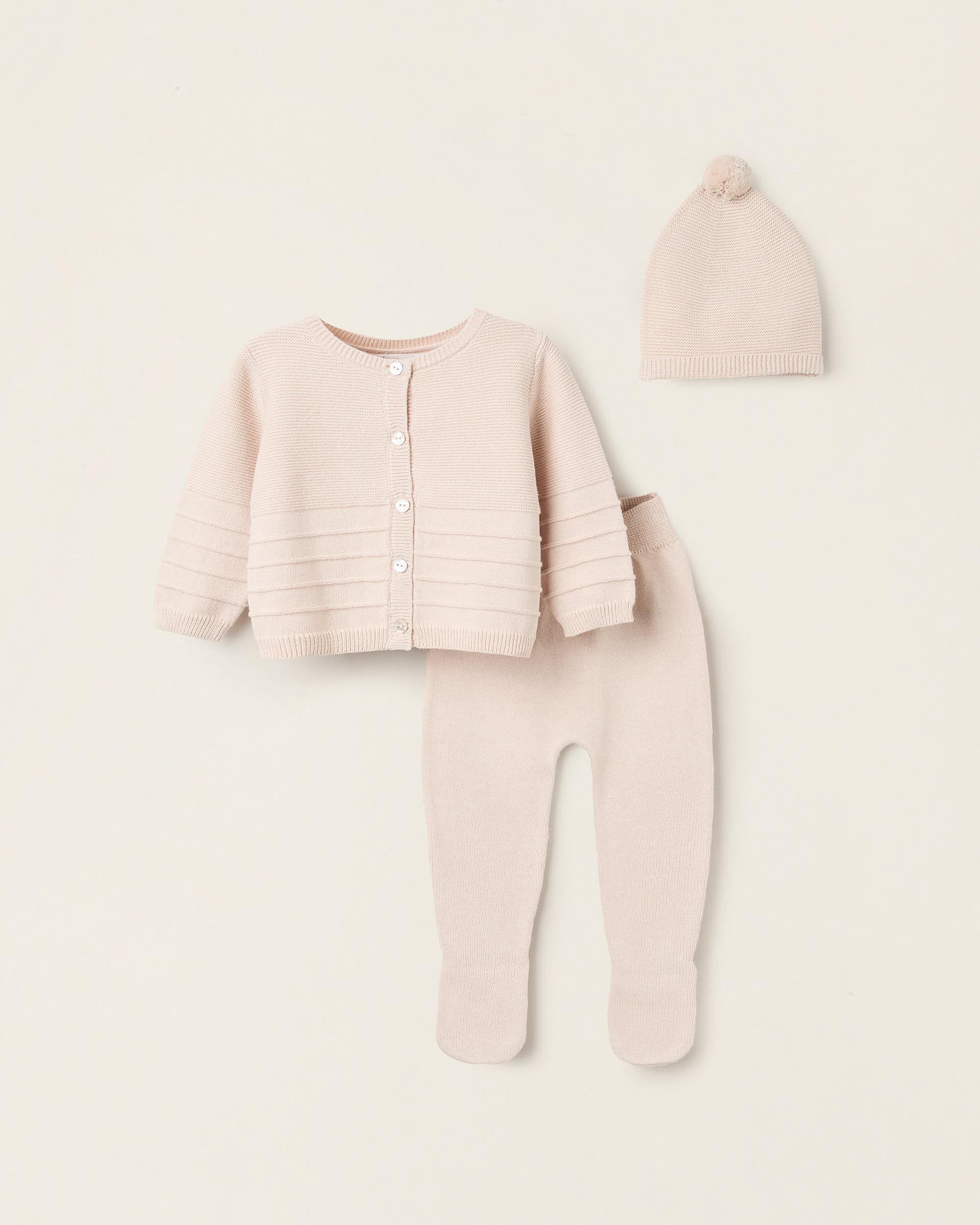 Imagen 0 de Conjunto de bebé de punto 100 % algodón de 3 piezas Beige
