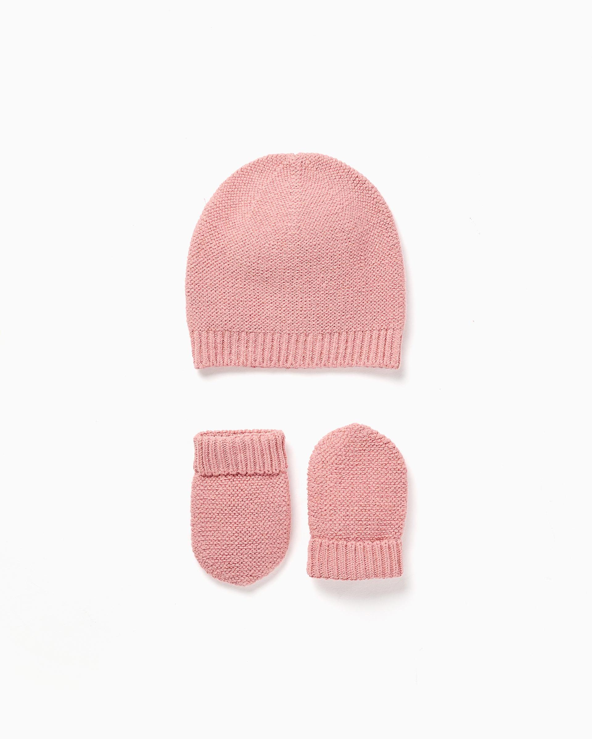 Conjunto gorro y manopla de bebé niña de punto y con extremos acanalados