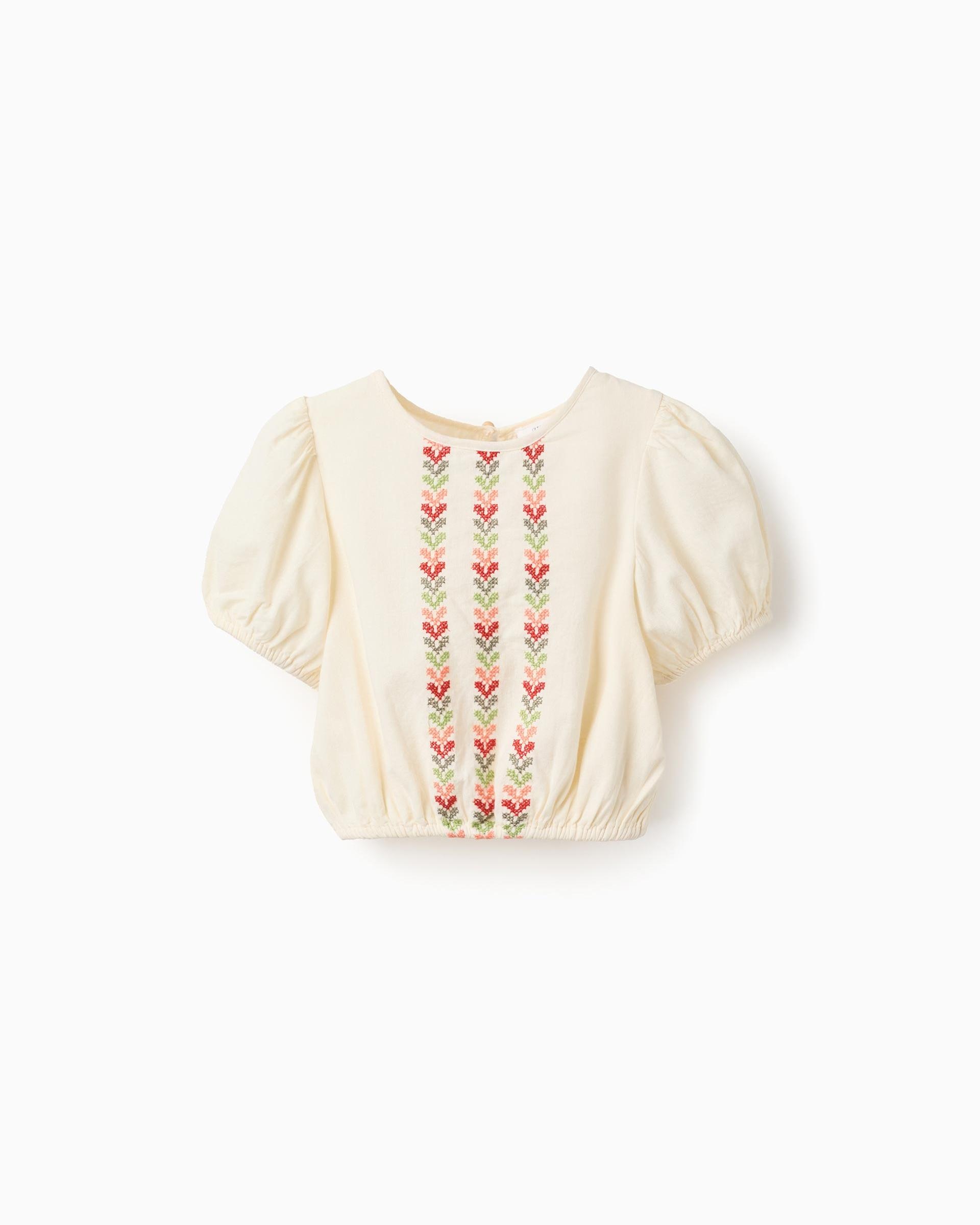 Imagen 0 de Blusa de niña con mangas abullonadas y bordado