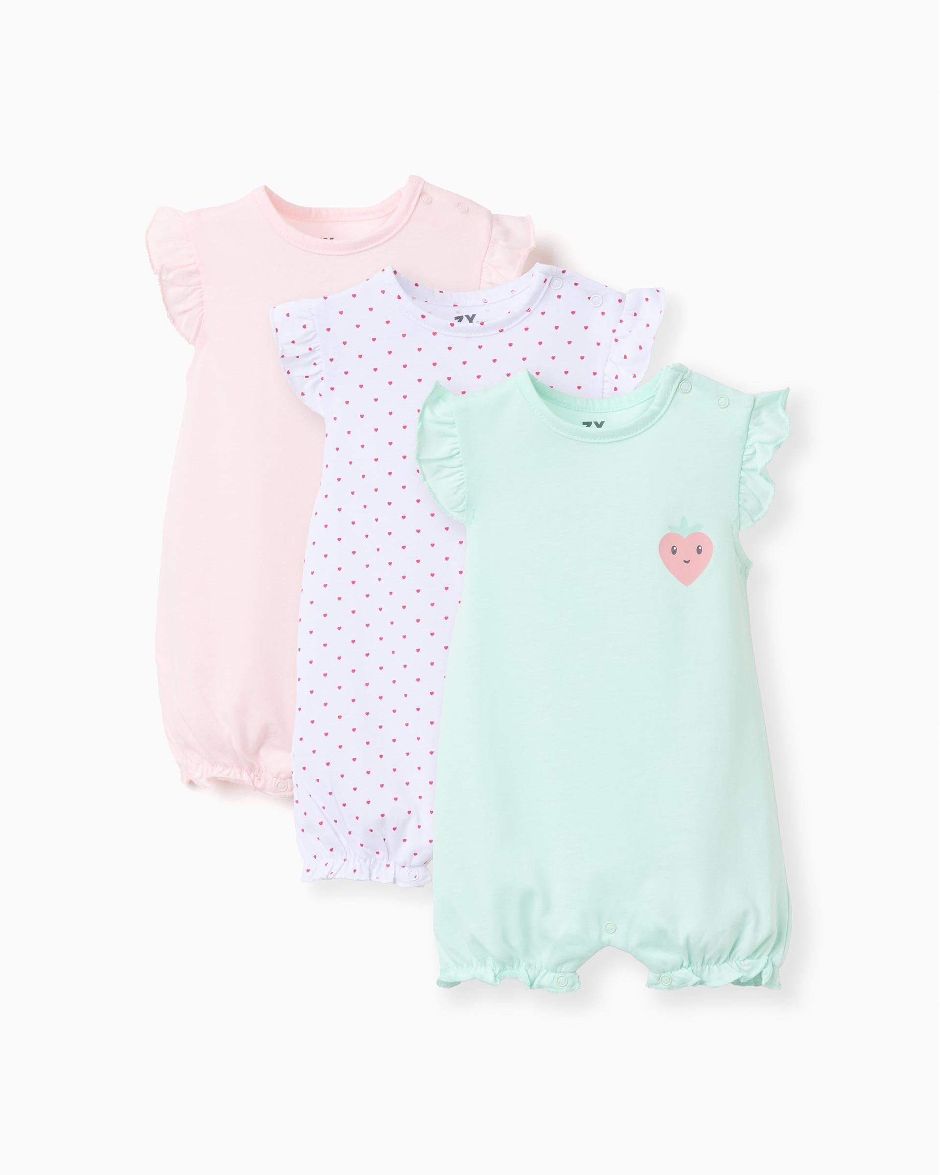 Pack de 3 pijamas peleles de bebé niña 100% algodón y con estampados