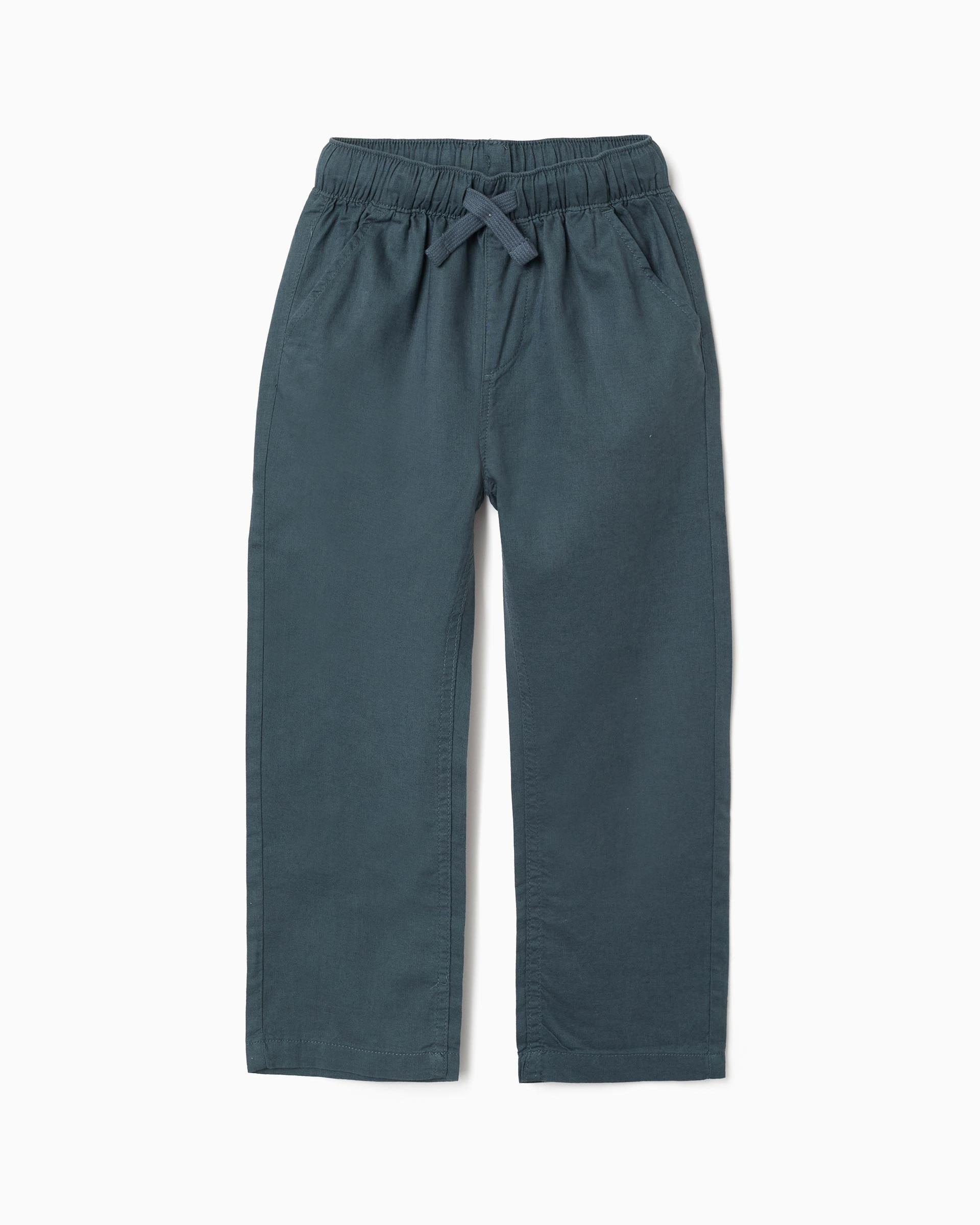 Imagen 0 de Pantálon de niño en mezcla de lino y algodón y con cordón straight Azul