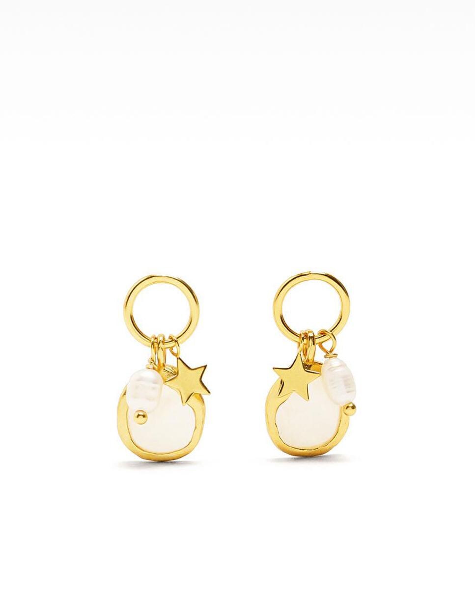 Pendientes de plata de ley largos con perlas decorativas y estrellas Oro-1