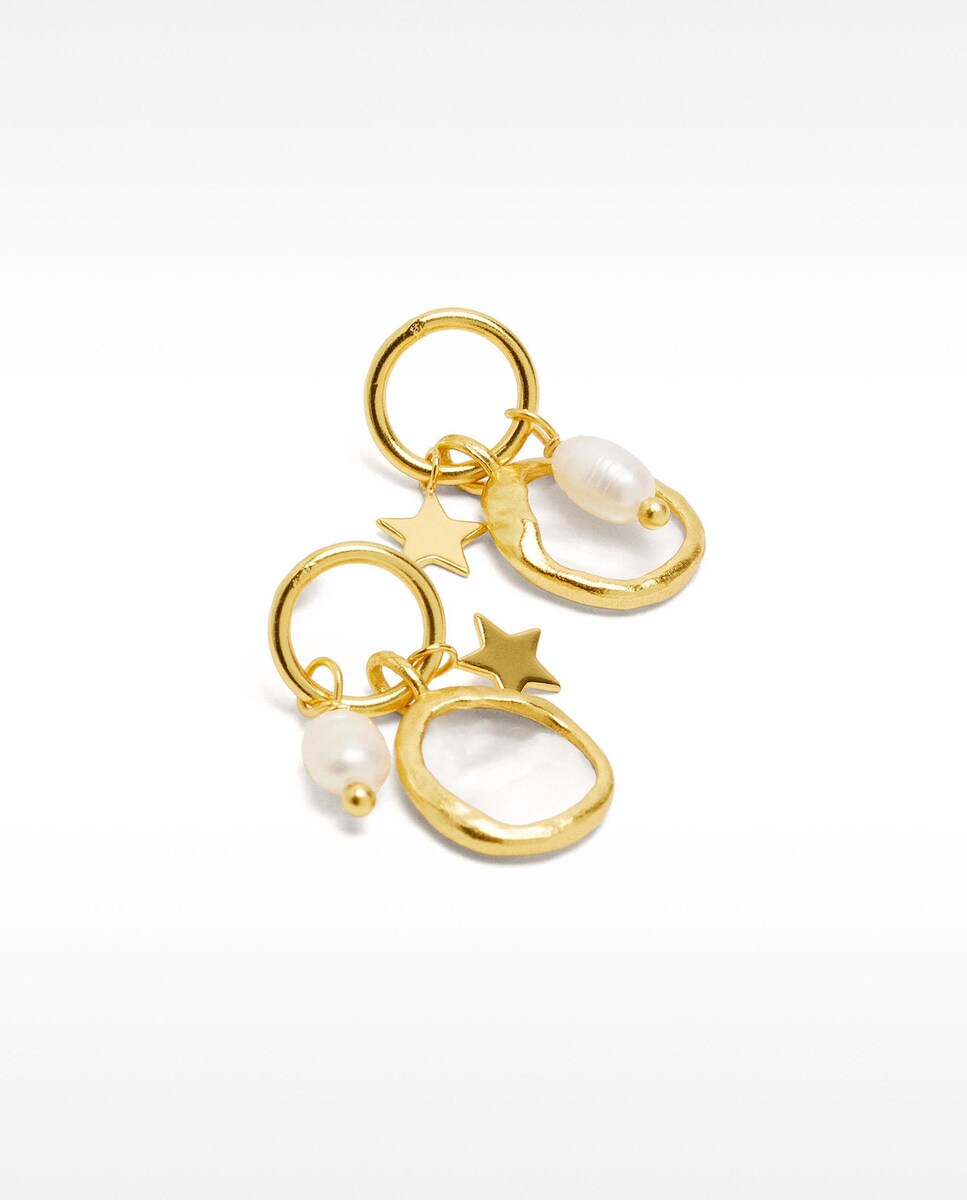 Pendientes de plata de ley largos con perlas decorativas y estrellas Oro-3