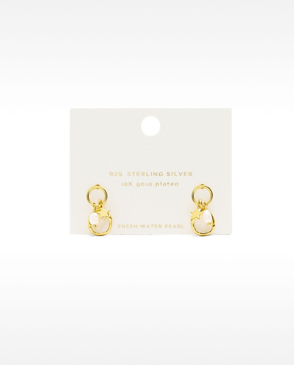 Pendientes de plata de ley largos con perlas decorativas y estrellas Oro-4