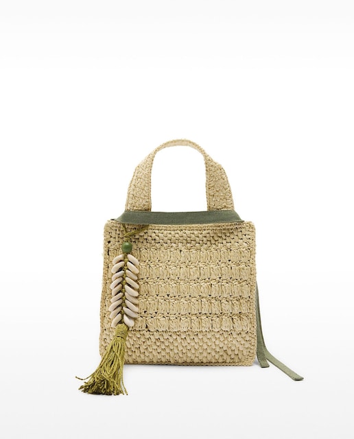 Imagen 0 de Bolso de mano estilo tote pequeño efecto rafia con colgante extraíble en liso