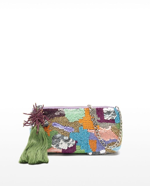 Imagen 0 de Bolso de fiesta convertible a bandolera con cuentas y flecos en varios colores con cremallera