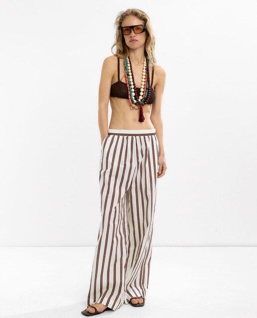 Imagen 0 de Pantalón fluido de mujer 100% algodón con cintura elástica y estampado de rayas