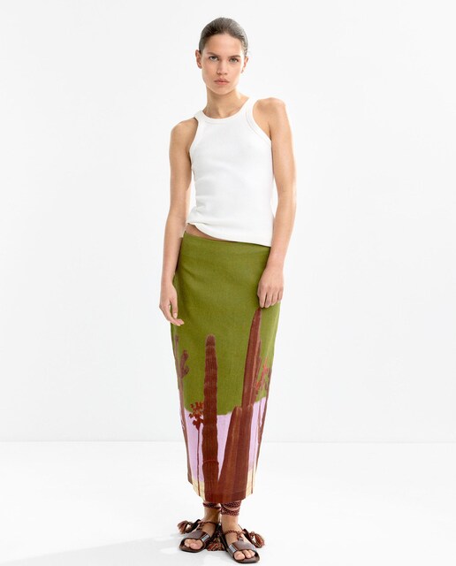 Imagen 0 de Falda de lino larga con estampado en la parte inferior