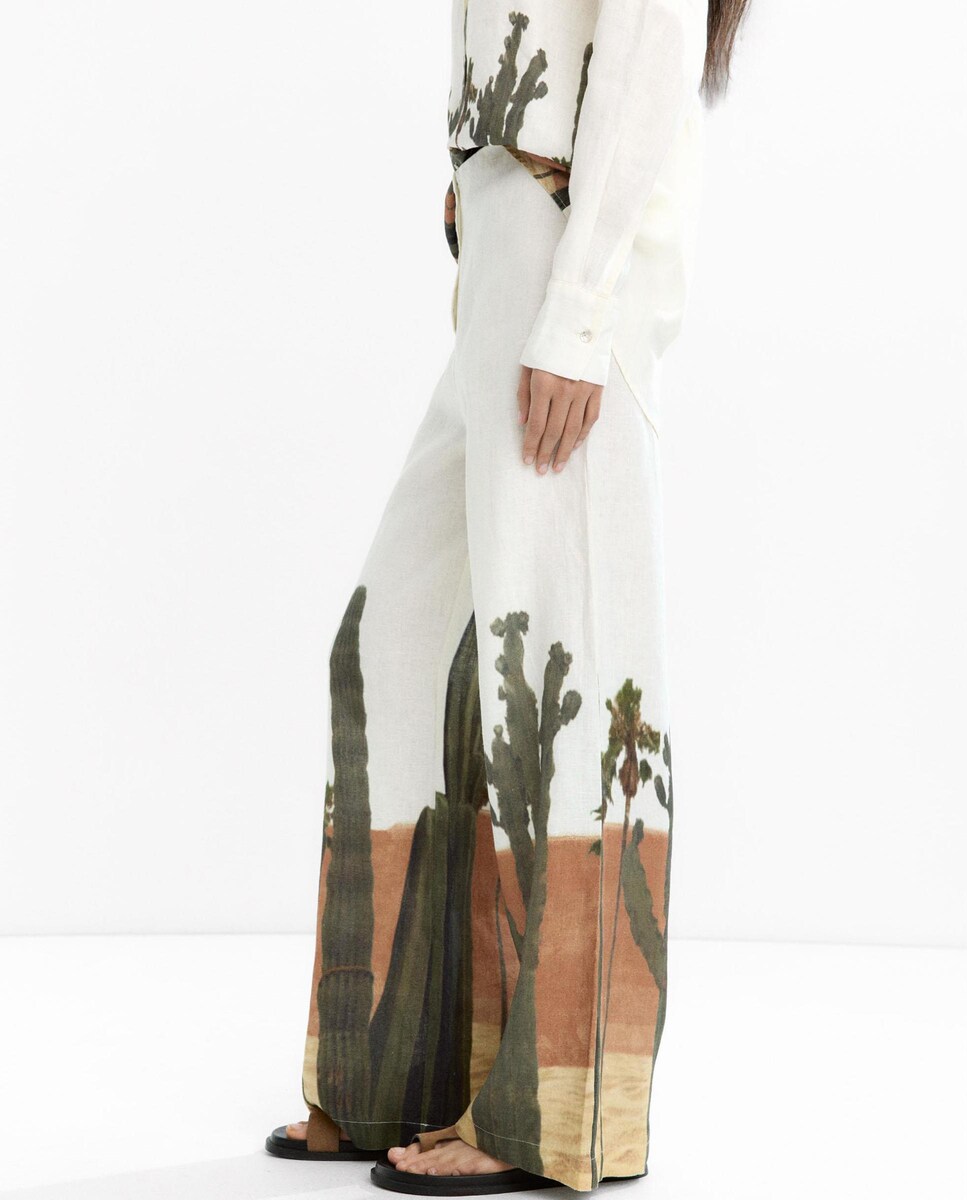 Pantalón fluido de mujer de lino con estampado en la parte