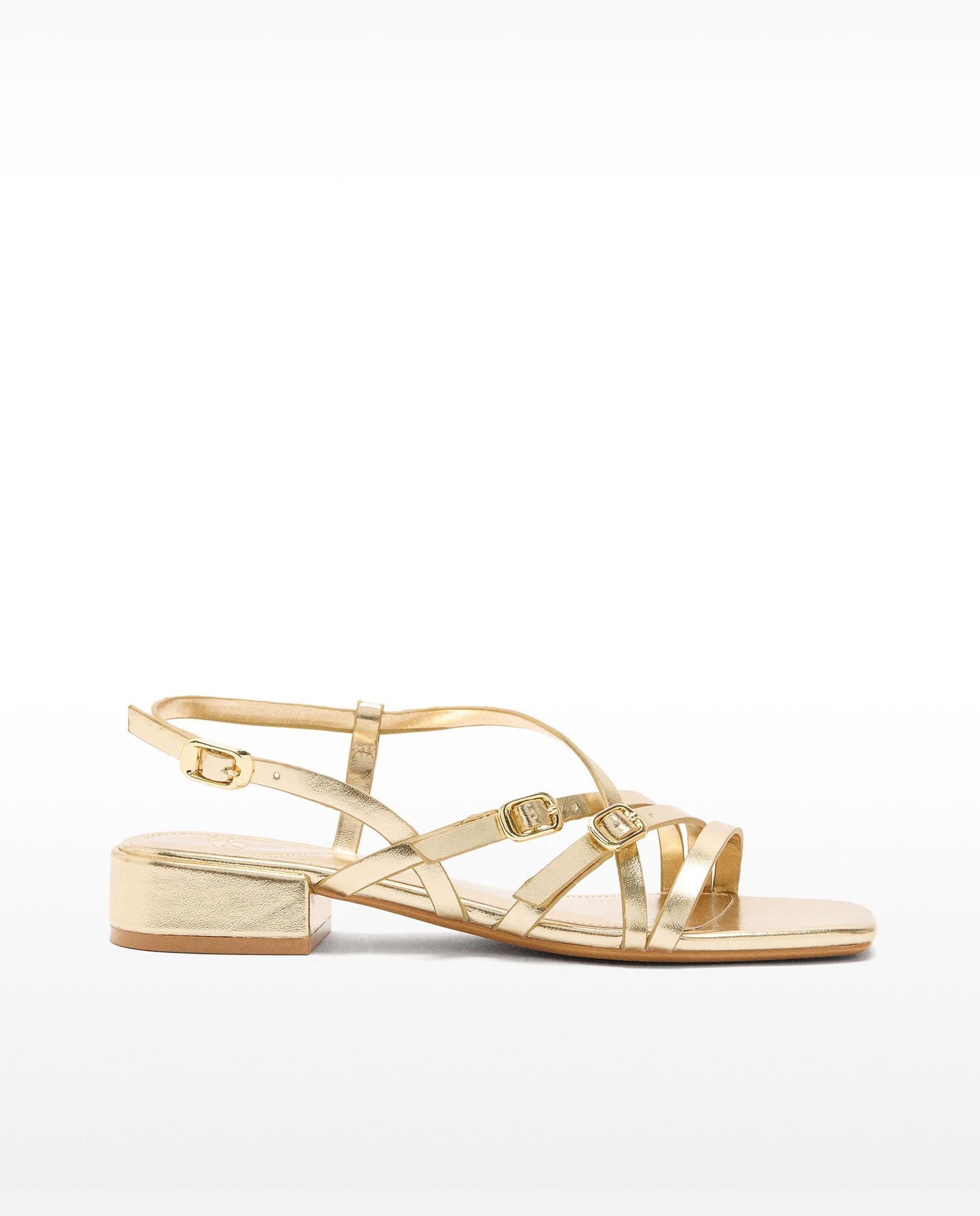 Sandalias de tacón de mujer con tiras cruzadas y hebilla