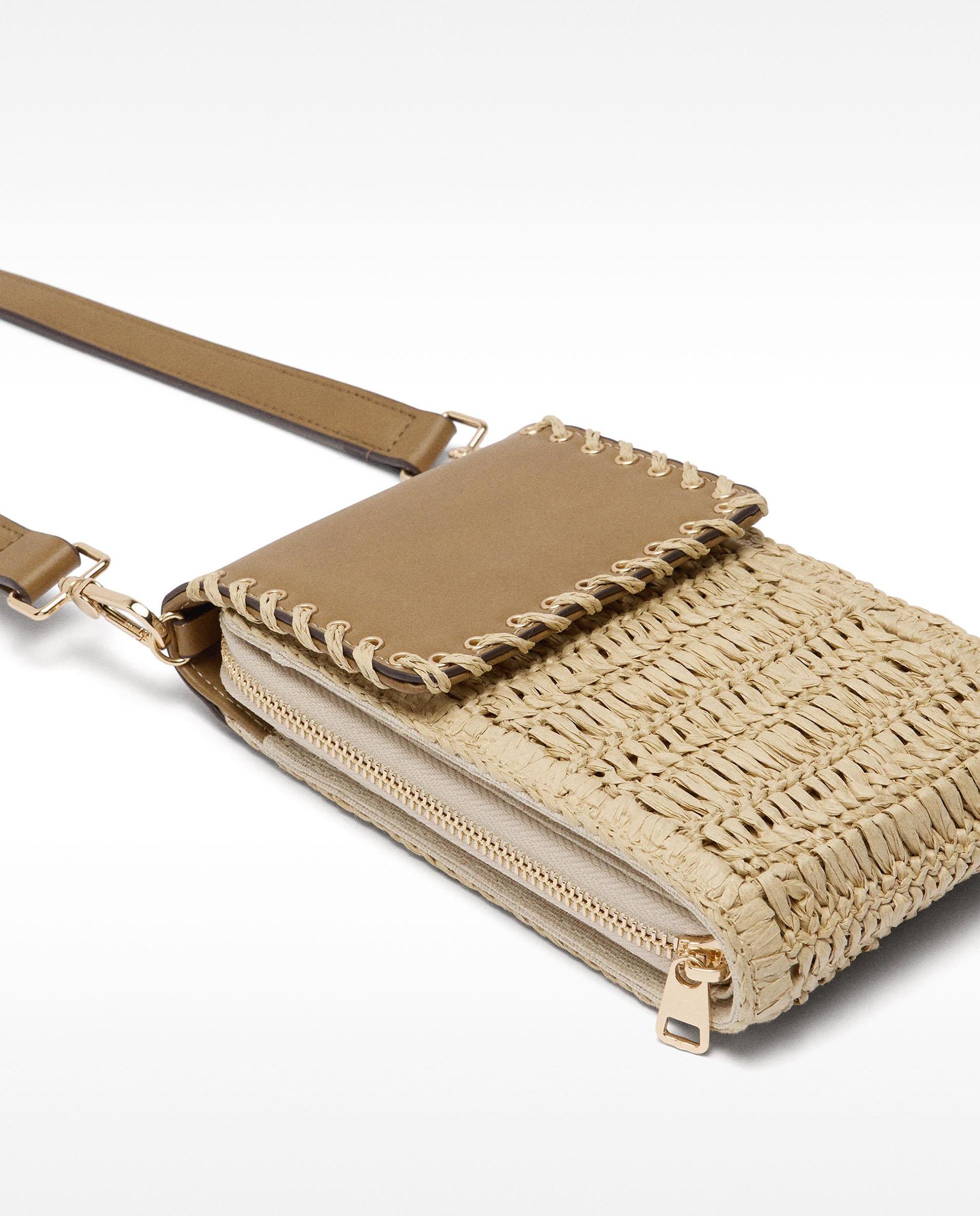 Bolso para móvil convertible a bandolera efecto rafia con cierre de cremallera en liso - Parfois - Camel Camel-3