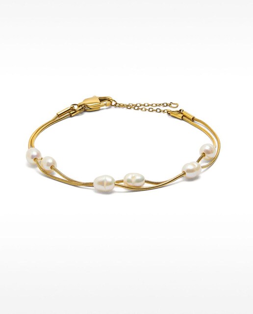 Imagen 0 de Pulsera de acero inoxidable doble con abalorios de perlas decorativas