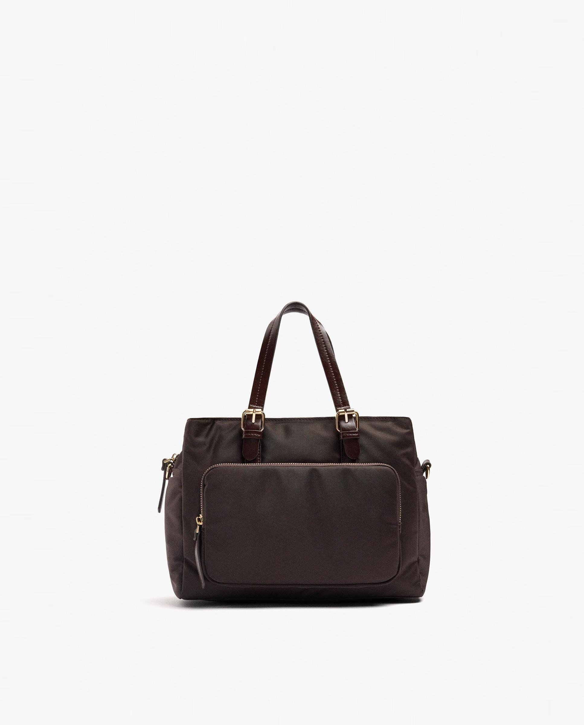 Bolso de mano estilo tote convertible a bandolera con varios compartimentos y cierre de cremallera en liso - Parfois - Marrón oscuro Marrón oscuro-1