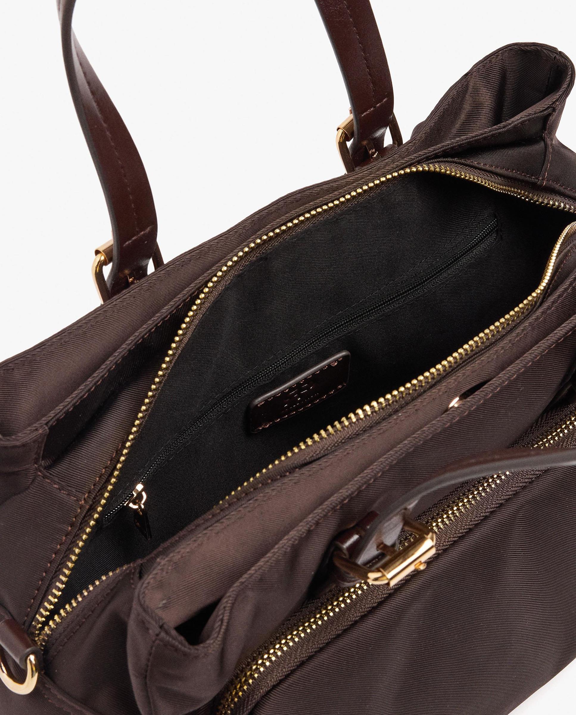 Bolso de mano estilo tote convertible a bandolera con varios compartimentos y cierre de cremallera en liso - Parfois - Marrón oscuro Marrón oscuro-4