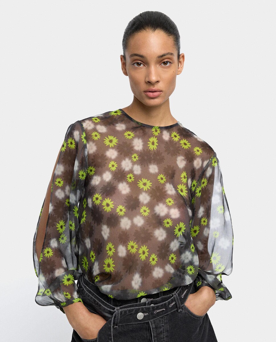 Blusa de mujer 100% viscosa de manga larga semitransparente con