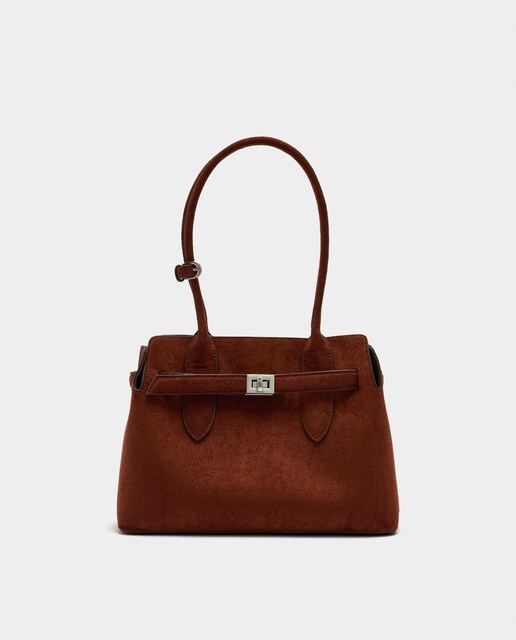 Imagen 0 de Bolso de mano estilo tote con detalle de cinturón y cierre a presión en liso efecto ante