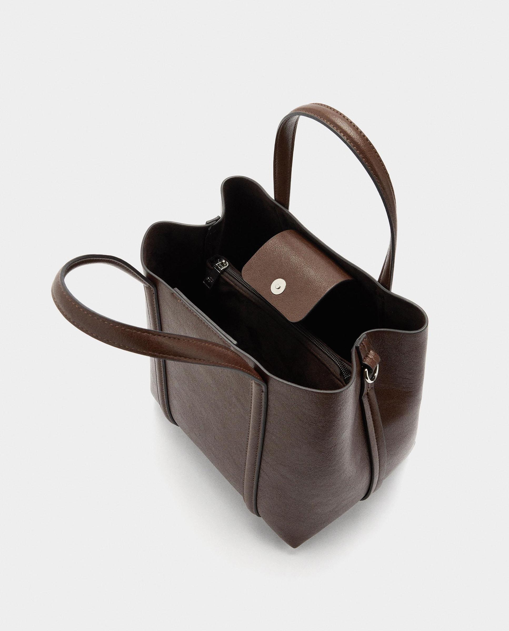 Bolso de mano estilo tote convetible a bandolera con cierre imantado en liso - Parfois - Marrón oscuro Marrón oscuro-5